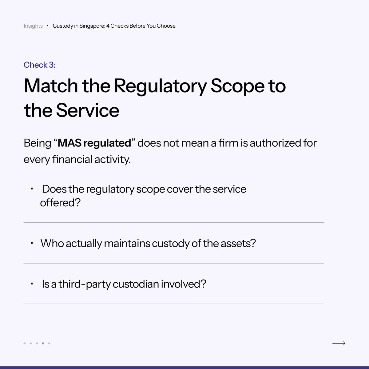 StraitsFinance's tweet photo. Before choosing a custody provider, verify the exact legal entity, check its regulatory status and regulatory scope, and understand how client assets are held.

Swipe through 4 key checks to help you assess a custody arrangement.
#Custody #MAS #InvestorEducation

DISCLAIMER: This content is not an offer, recommendation, or advice to buy or sell any financial products. Investing involves risks, and past performance does not guarantee future results. If you have any doubts over this content and/or any other content related thereto, please consult your own independent legal, financial and/or professional adviser. Please also refer to our important notices at https://t.co/JuixMJY7en.