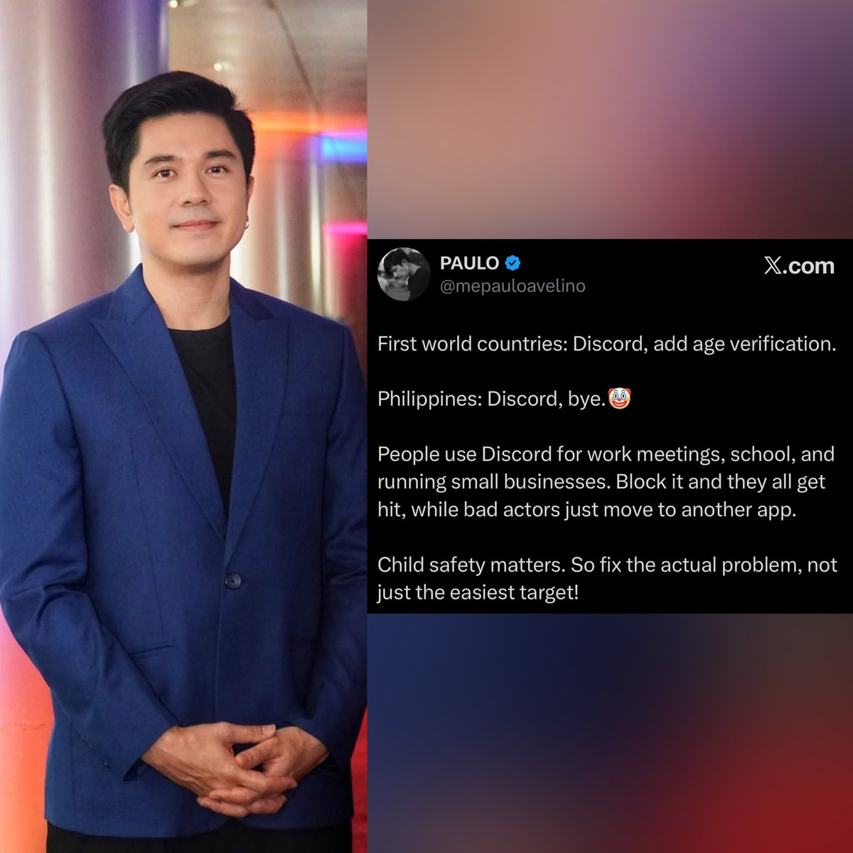 kowalerts's tweet photo. FIX THE ACTUAL PROBLEM, NOT THE EASIEST TARGET

#PauloAvelino naglabas ng reaksyon kaugnay sa biglaang pagba-ban ng gobyerno sa ‘Discord’.

“First world countries: Discord, add age verification.

Philippines: Discord, bye.

People use Discord for work meetings, school, and running small businesses. Block it and they all get hit, while bad actors just move to another app.

Child safety matters. So fix the actual problem, not just the easiest target!”