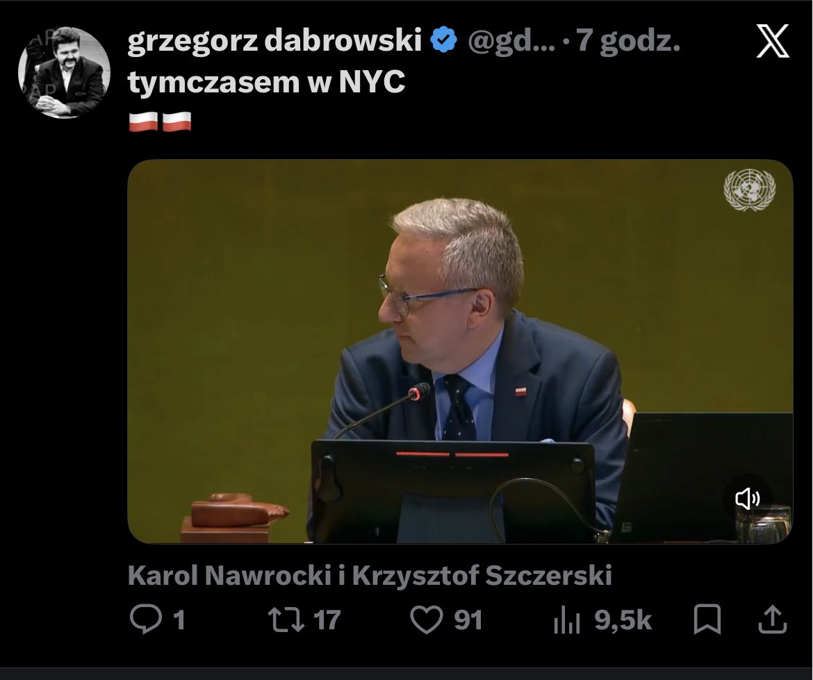 AndrzejDuda's tweet photo. Tymczasem w ONZ w Nowym Jorku wystąpienie Prezydenta Karola Nawrockiego na Zgromadzeniu Ogólnym zapowiada Ambasador RP Krzysztof Szczerski, jako Wiceprzewodniczący Zgromadzenia prowadzący obrady. Historyczny moment. Gratulacje Panowie! Brawo! https://t.co/FNYhuvMkP5