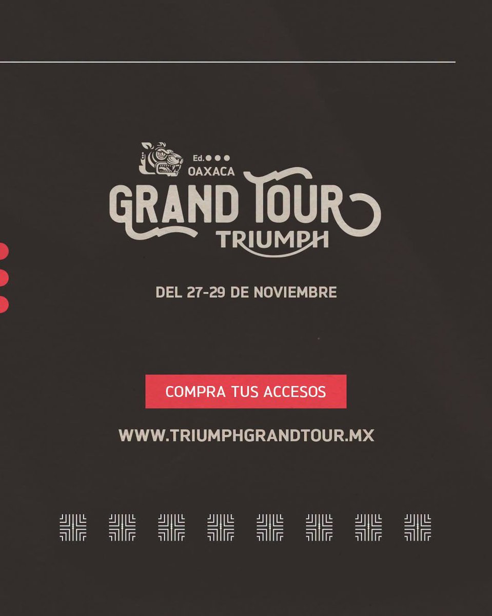 ticogomez73's tweet photo. Tres días para rodar, descubrir, compartir y crear nuevos recuerdos.

¡Esto es el Triumph Grand Tour 2026!
📍 Oaxaca
📅 27–29 de noviembre

¿Listo para vivirlo?
Compra tus accesos: https://t.co/ADCz5LuuC2

#TriumphMexico #ForTheRide #TriumphGrandTour #Oaxaca https://t.co/N1DTlixPGU