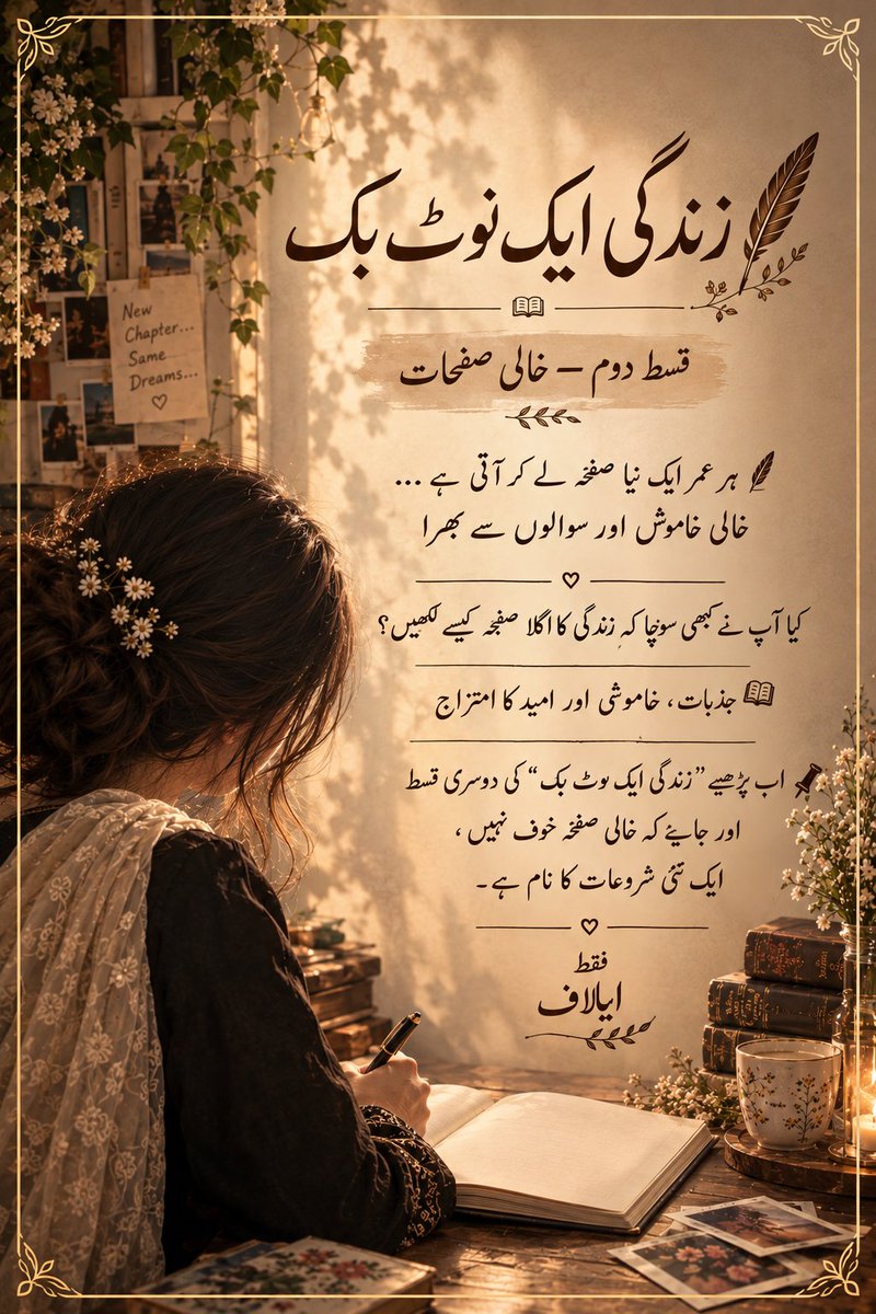 QirtasWrites's tweet photo. زندگی ایک نوٹ بک
قسط دوم

از قلم ایلاف رائٹس
@Elaf_Writes 

               "خالی صفحات"
کچھ عمر تک انسان کو لگتا ہے کہ زندگی ایک ایسی کتاب ہے جس کے صفحات کوئی اور پلٹ رہا ہے۔
بچپن میں فیصلے ہمارے لیے کیے جاتے ہیں
کیا پہننا ہے، کہاں جانا ہے، کس وقت واپس آنا ہے، کس سے بات کرنی ہے، کس سے نہیں۔
ہمیں صرف جینا ہوتا ہے، سوچنا نہیں۔
پھر ایک عمر آتی ہے۔۔۔
جب اچانک زندگی ہمارے سامنے ایک خالی صفحہ رکھ دیتی ہے۔
نہ اس پر کوئی جملہ لکھا ہوتا ہے
نہ کوئی سمت نشان زد ہوتی ہے
نہ یہ بتایا جاتا ہے کہ اگلی سطر کہاں سے شروع کرنی ہے۔
بس ایک خاموش سوال ہوتا ہے
اب تم کیا لکھو گے؟

شاید یہی وہ عمر ہے جہاں انسان پہلی بار اپنے وجود کی ذمہ داری محسوس کرتا ہے۔
اس سے پہلے تک جو کچھ تھا، وہ بہت حد تک دوسروں کے فیصلوں کا حصہ تھا
پھر آہستہ آہستہ انسان کو معلوم ہوتا ہے کہ اب اس کے انتخاب ہی اس کی شناخت بنیں گے۔
کس خواب کے پیچھے جانا ہے
کس راستے سے واپس آنا ہے
کس شخص کو اپنی کہانی میں جگہ دینی ہے
کس تعلق کو صرف ایک سبق سمجھ کر چھوڑ دینا ہے
کس درد کو اپنے اندر زہر بننے دینا ہے اور کس درد کو حکمت۔
خالی صفحہ خوبصورت بھی ہوتا ہے اور خوفناک بھی۔
خوبصورت اس لیے کہ اس پر ابھی کچھ خراب نہیں لکھا گیا۔
اور خوفناک اس لیے کہ اب غلطی کا الزام کسی اور پر نہیں ڈالا جا سکتا۔
ہم اکثر زندگی میں اس مقام پر کھڑے ہو کر ڈر جاتے ہیں۔
ہم چاہتے ہیں کوئی ہمیں بتا دے کہ صحیح کیا ہے۔
کوئی پہلے سے لکھا ہوا نقشہ ہمارے ہاتھ میں تھما دے۔
کوئی کہہ دے کہ یہ راستہ خوشی تک جاتا ہے۔
یہ شخص تمہیں کبھی نہیں چھوڑے گا
یہ خواب ضرور پورا ہوگا
یہ فیصلہ کبھی غلط ثابت نہیں ہوگا۔
مگر زندگی ایسی ضمانتیں نہیں دیتی۔
وہ صرف صفحات دیتی ہے۔
اور قلم ہمارے ہاتھ میں رکھ دیتی ہے۔
پھر ہم لکھتے ہیں۔
کبھی جلدی میں
کبھی جذبات میں
کبھی دوسروں کو خوش کرنے کے لیے
کبھی خود کو ثابت کرنے کے لیے۔
کبھی ایک ایسا فیصلہ کر بیٹھتے ہیں جسے برسوں بعد پڑھ کر سوچتے ہیں

"کاش میں نے یہ سطر نہ لکھی ہوتی"

مگر وقت کی کتاب میں "کاش" کے لیے الگ صفحہ نہیں ہوتا۔
جو لکھ دیا، وہ لکھ دیا۔
البتہ ایک چیز ہمیشہ باقی رہتی ہے
"اگلا صفحہ"
شاید زندگی کا سب سے بڑا رحم یہی ہے کہ انسان کو ہر غلطی کے بعد ایک نیا صفحہ ملتا ہے۔
ہم اپنے ایک غلط باب کو پوری کتاب سمجھ لیتے ہیں۔
ایک ناکامی ہوتی ہے اور ہم خود کو ناکام سمجھ لیتے ہیں۔
ایک رشتہ ختم ہوتا ہے اور ہمیں لگتا ہے محبت ختم ہوگئی۔
ایک خواب بکھرتا ہے اور ہمیں لگتا ہے ہمارے اندر خواب دیکھنے کی صلاحیت بھی مر گئی۔
ایک دعا پوری نہیں ہوتی اور ہم سمجھتے ہیں شاید ہماری دعا کی کوئی قدر نہیں۔
حالانکہ وہ صرف ایک صفحہ تھا۔
پوری کتاب نہیں۔
زندگی کے خالی صفحات ہمیں یہ بھی سکھاتے ہیں کہ ہر چیز پہلے سے لکھی ہوئی محسوس ہونے کے باوجود ہمارے پاس انتخاب باقی رہتا ہے۔
ہم حالات کا انتخاب ہمیشہ نہیں کر سکتے
مگر اپنے ردِعمل کا انتخاب کر سکتے ہیں۔
ہم یہ طے نہیں کر سکتے کہ کون ہمارے ساتھ رہے گا،
مگر یہ طے کر سکتے ہیں کہ کسی کے چلے جانے کے بعد ہم اپنے اندر کیا باقی رکھیں گے۔
ہم یہ نہیں طے کر سکتے کہ کون سا خواب ٹوٹے گا،
مگر یہ ضرور طے کر سکتے ہیں کہ ٹوٹے ہوئے خواب کے ملبے پر بیٹھے رہنا ہے یا اسی سے کوئی نئی بنیاد بنانی ہے۔
اور شاید یہی بلوغت ہے۔
زندگی کو اپنی مرضی کے مطابق لکھنا نہیں
بلکہ جو صفحہ ملے، اسے سمجھ داری سے مکمل کرنا۔
کبھی کبھی خالی صفحات ہمیں تنہائی دیتے ہیں۔
وہ وقت جب انسان کے پاس نہ کوئی واضح منزل ہوتی ہے، نہ کوئی ایسا شخص جس سے اپنے سارے سوال پوچھ سکے۔
وہ راتیں جب انسان اپنے ہی خیالات کے ساتھ بیٹھا رہتا ہے۔

اپنے مستقبل کو دیکھتا ہے اور سوچتا ہے
میں آخر بنوں گا کیا؟

میری زندگی کا مطلب کیا ہے؟
میں جو کر رہا ہوں، کیا واقعی یہی میرا راستہ ہے؟
شاید ہمیں ان سوالوں سے گھبرانا نہیں چاہیے۔
کیونکہ ہر خالی صفحہ فوراً جواب مانگنے کے لیے نہیں ہوتا۔
کچھ صفحات صرف سوچنے کے لیے ہوتے ہیں۔
کچھ خاموشیاں انسان کو اپنے اندر کی آواز سنانے کے لیے آتی ہیں۔
اور کبھی کبھی جب دنیا کے سارے شور خاموش ہو جاتے ہیں، تب انسان پہلی بار اپنے رب کی طرف متوجہ ہو کر پوچھتا ہے

یا اللّٰه ! میں اپنی زندگی میں کیا لکھوں؟
شاید یہ سوال خود ایک دعا ہے۔
کیونکہ جب انسان اپنی مرضی کی کہانی لکھنے سے آگے بڑھ کر اپنے رب سے سمت مانگتا ہے، تو خالی صفحہ اتنا خوفناک نہیں رہتا۔
پھر اسے معلوم ہوتا ہے کہ ہر سطر کا نتیجہ جاننا ضروری نہیں
ضروری یہ ہے کہ نیت درست ہو، قدم درست سمت میں ہو، اور دل اپنے رب سے جڑا رہے۔
ہم اکثر اپنی زندگی کا بہترین صفحہ لکھنے کے چکر میں رہتے ہیں۔
مگر شاید زندگی ہم سے بہترین صفحہ نہیں مانگتی۔
وہ صرف سچا صفحہ مانگتی ہے۔
ایسا صفحہ جس پر ہماری اپنی خوشی ہو، ہماری اپنی غلطی ہو، ہماری اپنی توبہ ہو، ہماری اپنی کوشش ہو۔
ایسا صفحہ جسے پڑھتے ہوئے ہمیں یہ نہ کہنا پڑے
یہ زندگی تو میں نے دوسروں کی خواہش پر گزاری تھی۔
کیونکہ سب سے بڑا افسوس شاید ناکام ہونے کا نہیں ہوگا
سب سے بڑا افسوس یہ ہوگا کہ
ہمیں صفحات تو اپنے ملے تھے، مگر ہم نے پوری کتاب دوسروں کے ہاتھ میں دے دی۔
اس لیے اگر آج زندگی کا کوئی صفحہ خالی ہے تو اسے دیکھ کر پریشان مت ہوں۔
خالی ہونا ہمیشہ ادھورا ہونا نہیں ہوتا۔
کبھی خالی صفحہ اس بات کی علامت ہوتا ہے کہ
کہانی ابھی باقی ہے۔
ابھی ایک خواب لکھا جا سکتا ہے۔
ابھی ایک معافی لکھی جا سکتی ہے۔
ابھی ایک دعا لکھی جا سکتی ہے۔
ابھی ایک نئی ابتدا ممکن ہے۔
اور شاید سب سے خوبصورت بات یہ ہے کہ
کل کے صفحات جیسے بھی تھے
آج کا صفحہ ابھی آپ کے سامنے ہے۔
قلم اٹھائیے.....

مگر اس بار جلدی نہ کیجیے.....

سوچ کر لکھیے.....

کیونکہ زندگی کی نوٹ بک میں ہر صفحہ دوبارہ نہیں ملتا۔
اور شاید خالی صفحات ہمیں اس لیے نہیں دیے گئے کہ ہم اپنی مرضی کی زندگی لکھیں
بلکہ اس لیے کہ ہم اپنے اختیار کو پہچان سکیں۔
زندگی کا کمال یہ نہیں کہ ہم نے کتنے خوبصورت صفحات لکھے
بلکہ یہ ہے کہ ہم نے اپنے حصے کے اندھیروں میں بھی کیا لکھا۔
آخرکار کتاب بند ہو جائے گی
صفحات پلٹنا رک جائیں گے
اور ہمارے ہاتھ سے قلم بھی چھوٹ جائے گا۔
اس لیے جو صفحہ آج ہمارے سامنے ہے
اسے اتنا سچا لکھیں کہ کل اسے پڑھتے ہوئے
ہمیں اپنے آپ سے نظریں نہ چرانا پڑیں۔

جاری ہے...