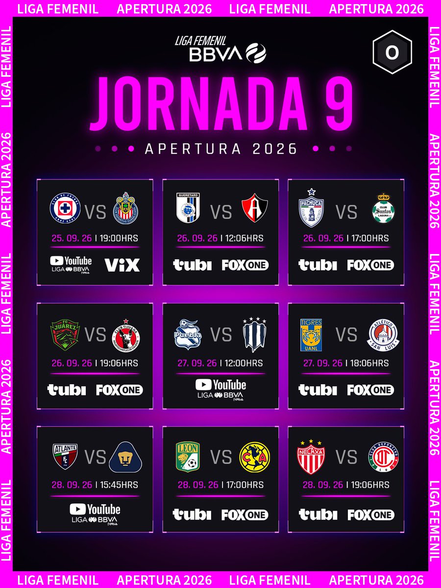 oscargspa's tweet photo. ¡AGENDA DE LA FECHA 9! ⚽️🌸

Grandes platillos en la cancha con puntos vitales en juego para la clasificación. 🗓️🔥  

¿Cuál es el choque más atractivo del fin de semana? Los leo. 👇

#oscarmedelsports #LigaMXFemenil #Apertura2026 https://t.co/ZRGbpiDxZI