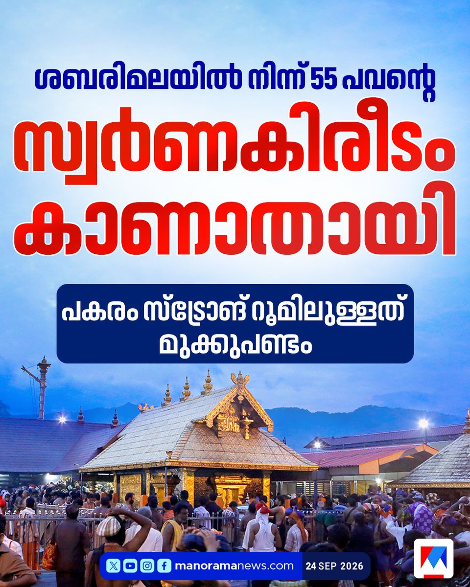 manoramanews's tweet photo. ശബരിമലയിലെ സ്വർണ്ണക്കിരീടം കാണാനില്ല; പകരം സ്ട്രോങ് റൂമിലുള്ളത് മുക്കുപണ്ടം #goldcrown #sabarimala #LatestNews #ManoramaNews https://t.co/PoQGe6fgiX