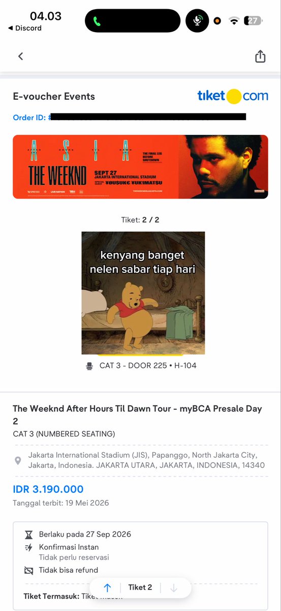 babel_gami's tweet photo. Hi ka! Aku WTT the weeknd concert ke day 1 yaa. I have day 2 Cat 3. Looking for Cat 3/2/1 . Kalo ada yg mau buy juga bolee di nego ajaaa #wtt #wts #wtb https://t.co/iYasN0kSGK
