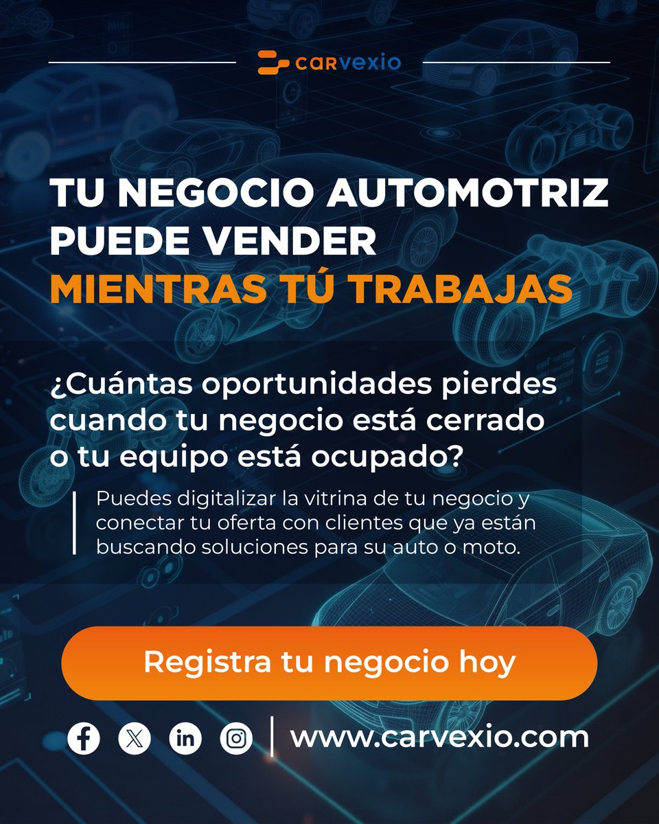 Carvexio's tweet photo. ¿Cuántas oportunidades pierdes cuando tu negocio está cerrado o tu equipo está ocupado?
Con Carvexio puedes digitalizar la vitrina de tu negocio y conectar tu oferta con clientes que ya están buscando soluciones para su auto o moto.
Menos dependencia del tráfico físico. https://t.co/r4jG7QasXZ