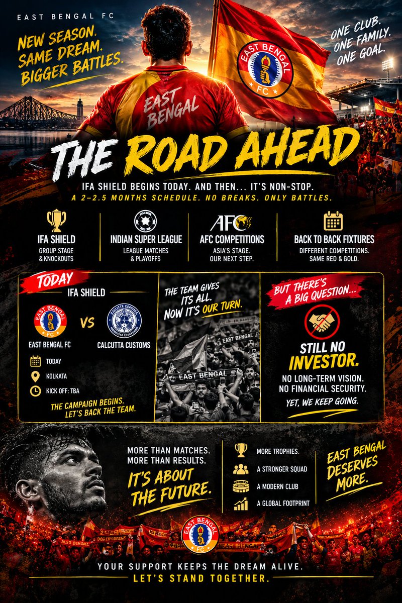 Kishan_Samanta's tweet photo. The football calendar is accelerating. The club’s biggest unanswered question remains.
IFA Shield → Indian Super League → AFC. A relentless 2–2.5 months begins today.
The players have battles to win. East Bengal needs clarity off the pitch too. 🔴🟡 #BackEastBengal #ACL2 #AWCL https://t.co/yRfGrBY9E6