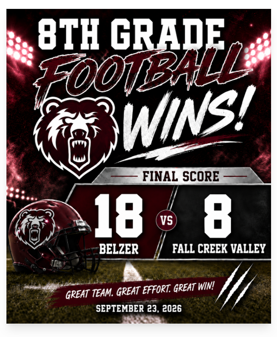 belzerathletics's tweet photo. Belzer Wins!  8th Grade Football
Belzer  18      Fall Creek Valley  8
Go Bears! https://t.co/3kznezhi0D