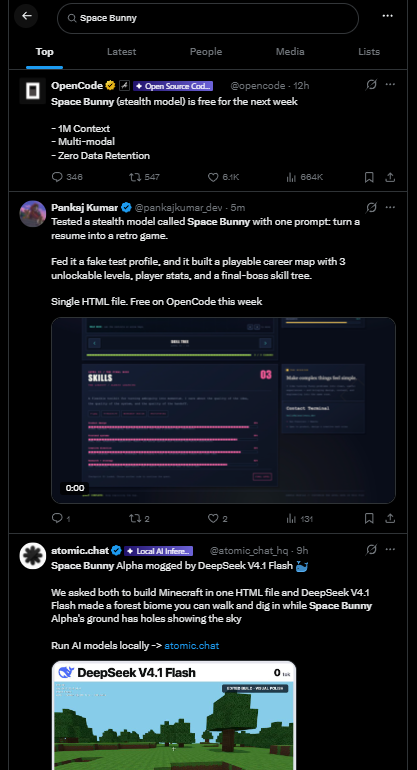 MarioPrezldente's tweet photo. A new 'Stealth' Ai Model call SPACE BUNNY is going super viral today

People are assuming its a secret chinese ai model

So many tweets

https://t.co/ZwlL3DIuQg
https://t.co/AmH18fXjyz https://t.co/DU0b3ZITju