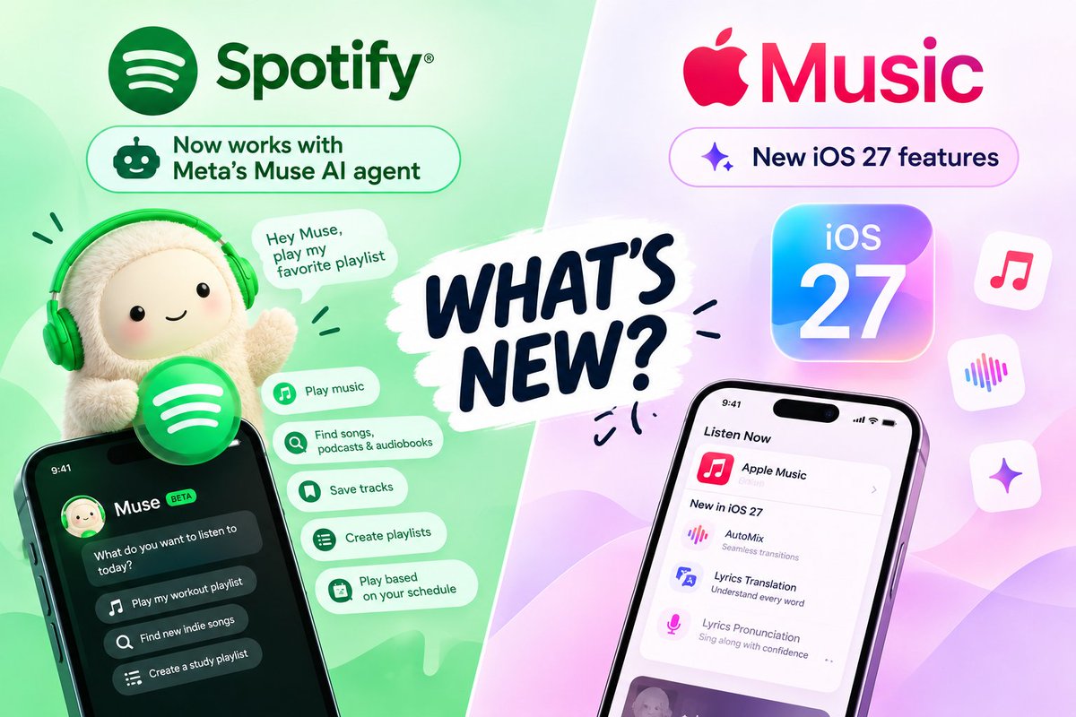 Noteburnersoft's tweet photo. Spotify & Apple Music just got more interesting🙌
🍎 Apple Music + iOS 27
🤖 Spotify + Meta’s Muse
Which update are you more excited to try?
👉 Explore more music tips, streaming guides, and useful tutorials: https://t.co/PT58YDur82
#Spotify #AppleMusic #NoteBurner https://t.co/VbsX31YOFt