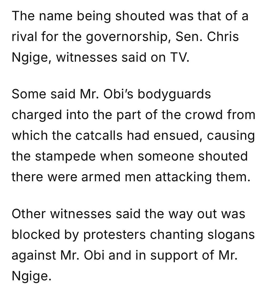 Enwagboso's tweet photo. So, as reported by The Washington Times, Peter Obi's bodyguards charged into the praying crowd simply because people were chanting Ngige's name instead of his?

Unbelievable. 

He was clearly bitter that a rival was stealing the show.

https://t.co/961wt56Smb https://t.co/lm5n2klB9g