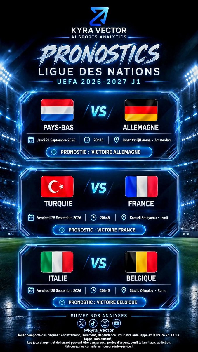 KyraVector's tweet photo. 🏆⚽ @UEFA Ligue des Nations 2026-27 !

🇳🇱 Pays-Bas 🆚 Allemagne — 🇩🇪 Allemagne
🇹🇷 Turquie 🆚 France — 🇫🇷 France
🇮🇹 Italie 🆚 Belgique — 🇧🇪 Belgique

#KyraVector #NationsLeague #UEFA

Donnez vos avis en commentaires 👇 https://t.co/c2MJWphKC7