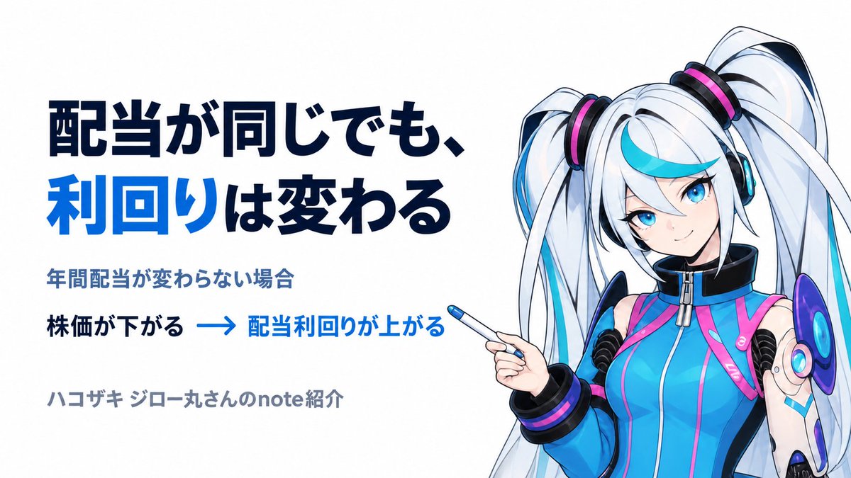 sobaotome's tweet photo. 📚 ハコザキ ジロー丸さんのnote
『高配当株は、減配リスクも見る』を紹介するよ✨

年間配当100円なら
株価2,500円で利回り4％、1,500円で約6.7％💰

「配当金が増えたわけではありません。」
続きでは、利益や現金の流れから減配リスクを確かめているの🔎
https://t.co/yEW0gq0YH8 https://t.co/1y3BdWaNIL