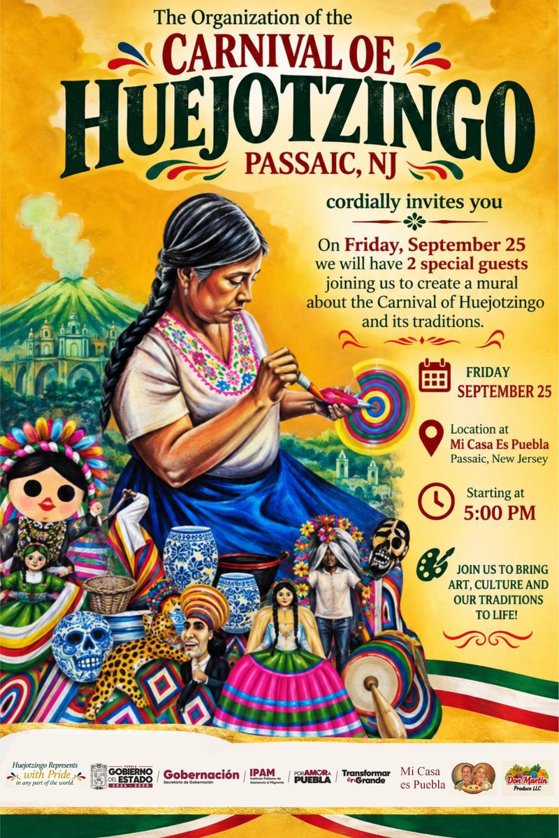 migrantepoblano's tweet photo. ¡Huejotzingo se representa con orgullo en Passaic, New Jersey!

Este viernes 🗓️ 25 de septiembre, nuestra comunidad migrante celebrará con arte y tradición al Carnaval de Huejotzingo, a partir de las 🕑 5:00 PM en Mi Casa es Puebla, Passaic, NJ.

Acompáñanos a dar vida a un mural que contará la historia y las tradiciones de nuestro querido carnaval de Huejotzingo. Porque no importa la distancia: nuestras raíces, nuestra cultura y nuestro orgullo poblano viven en cualquier parte del mundo.

¡Que viva Huejotzingo! ¡Que viva Puebla y que vivan nuestra cultura!

#PorAmorAPuebla