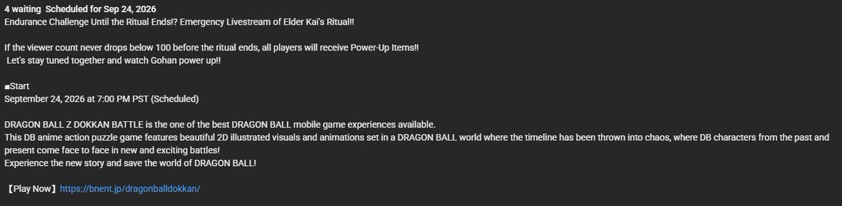 Minatos_Flash's tweet photo. Answering the Cell Riddles gets you a link to this live stream

"If the viewer count never drops below 100 before the ritual ends, all players will receive Power-Up Items!!  Let's stay tuned together and watch Gohan power up!!" https://t.co/J6rPCC1DaS