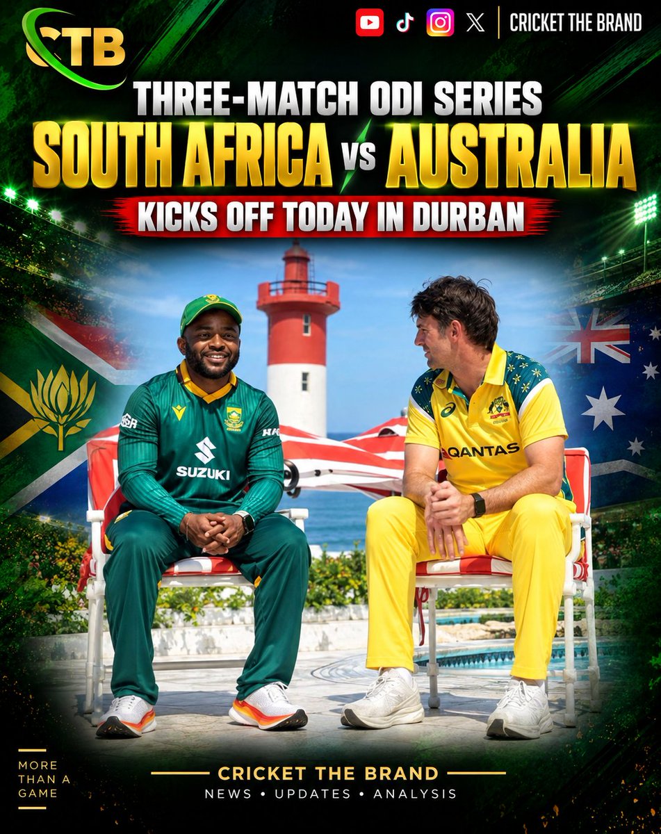 CricketTheBrand's tweet photo. South Africa 🇿🇦 vs Australia 🇦🇺 — 3-match ODI series kicks off today in Durban! 🔥🏏

A big ODI battle begins between two cricketing giants. 🏆

#SAvAUS #SouthAfricaCricket #AustraliaCricket #ODICricket #CTB https://t.co/oZqdrt2AtV