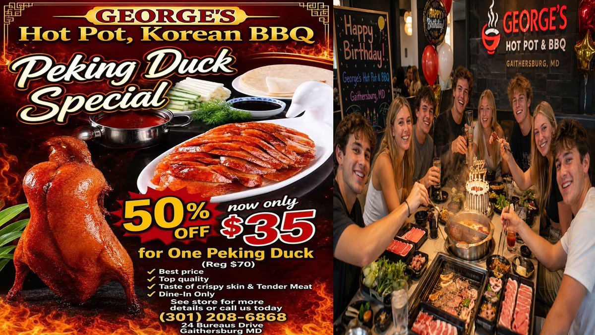 IQTUSA's tweet photo. 🦆 Mid‑Autumn deal! Whole Peking Duck + Hot Pot or K‑BBQ at George’s Gaithersburg for $61 (dine‑in).
🔥 📍 24 Bureau Dr, Gaithersburg, MD 20878
#GaithersburgMD #MoCoFoodies #DMVFoodies #GaithersburgEats #RockvilleEats #RockvilleMD #PotomacMD #DMVChinese #VietnameseDMV #dmvAsian https://t.co/vvcQOACp35