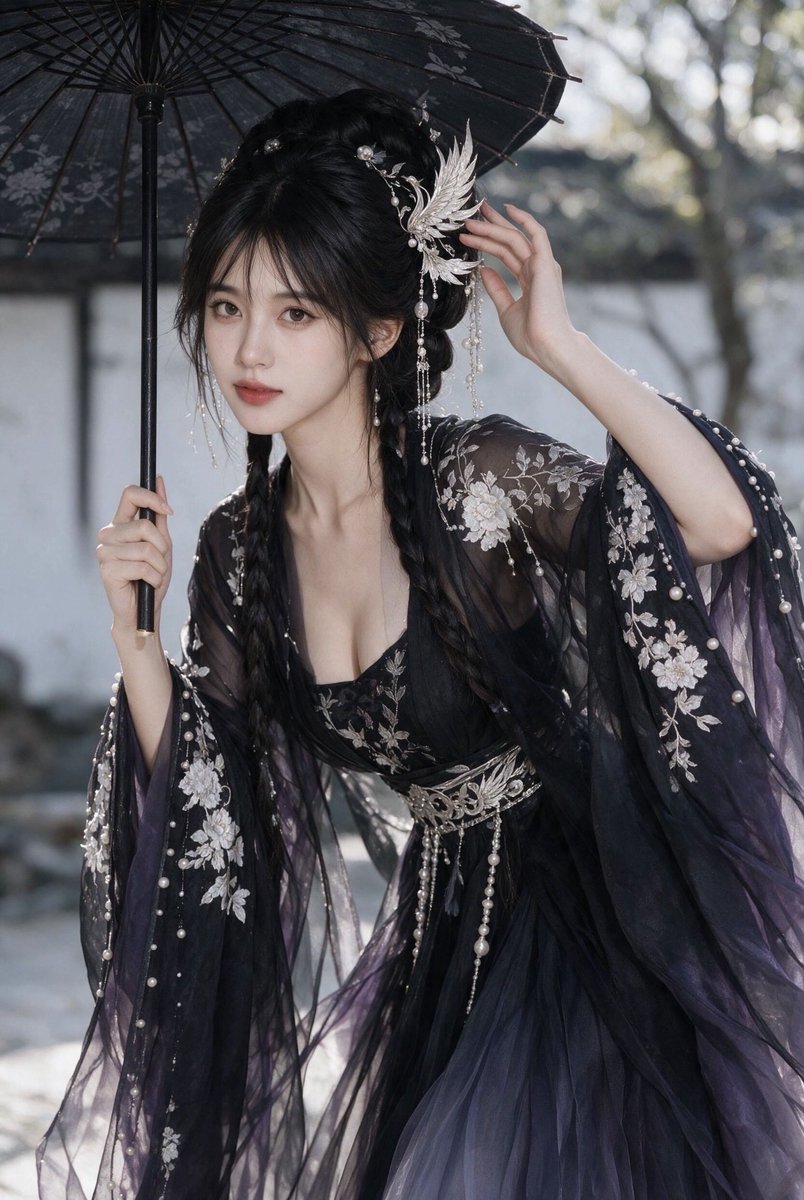 Dandaforfunoob's tweet photo. 黑伞遮月，墨衣入夜。A dark beauty beneath the moon, wrapped in ancient Chinese elegance. 🖤☂️ #古风 #国风 #汉服 #古装 #东方美学 #DarkAesthetic #ChineseStyle #Hanfu #DarkFantasy https://t.co/k03lrZY1F6