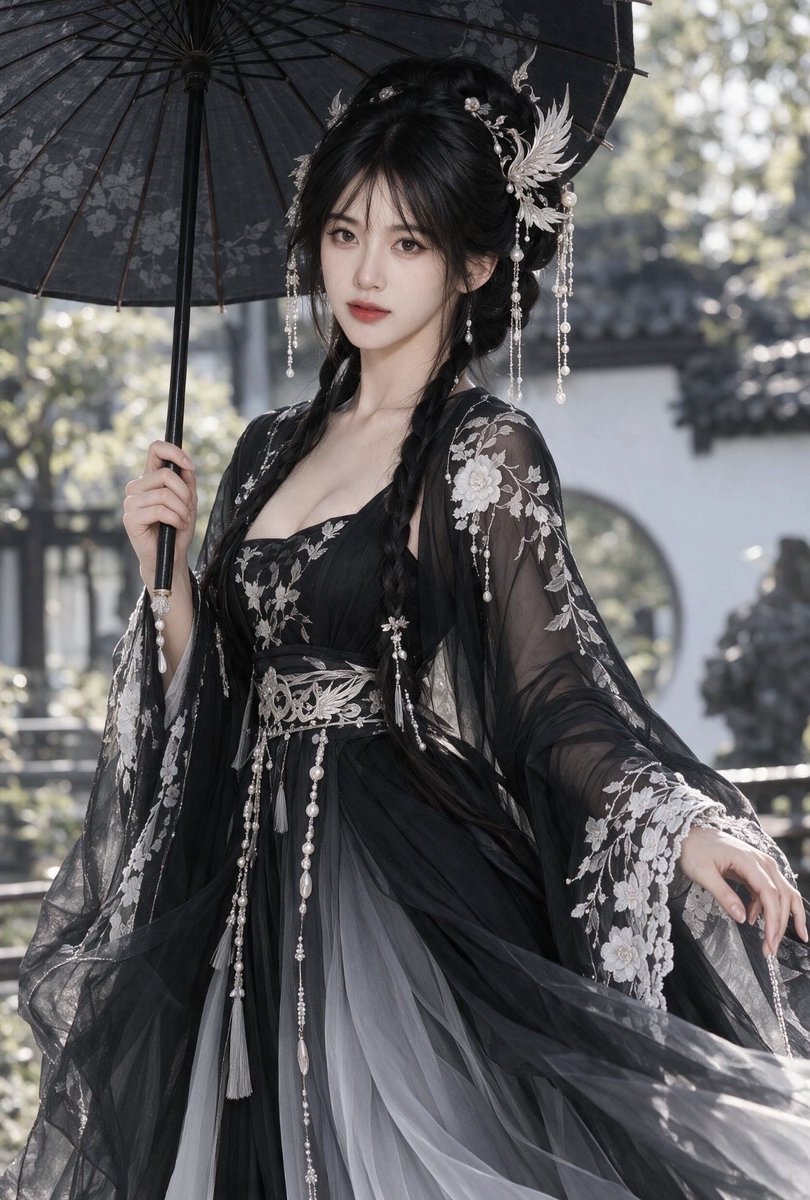 Dandaforfunoob's tweet photo. 黑伞遮月，墨衣入夜。A dark beauty beneath the moon, wrapped in ancient Chinese elegance. 🖤☂️ #古风 #国风 #汉服 #古装 #东方美学 #DarkAesthetic #ChineseStyle #Hanfu #DarkFantasy https://t.co/k03lrZY1F6