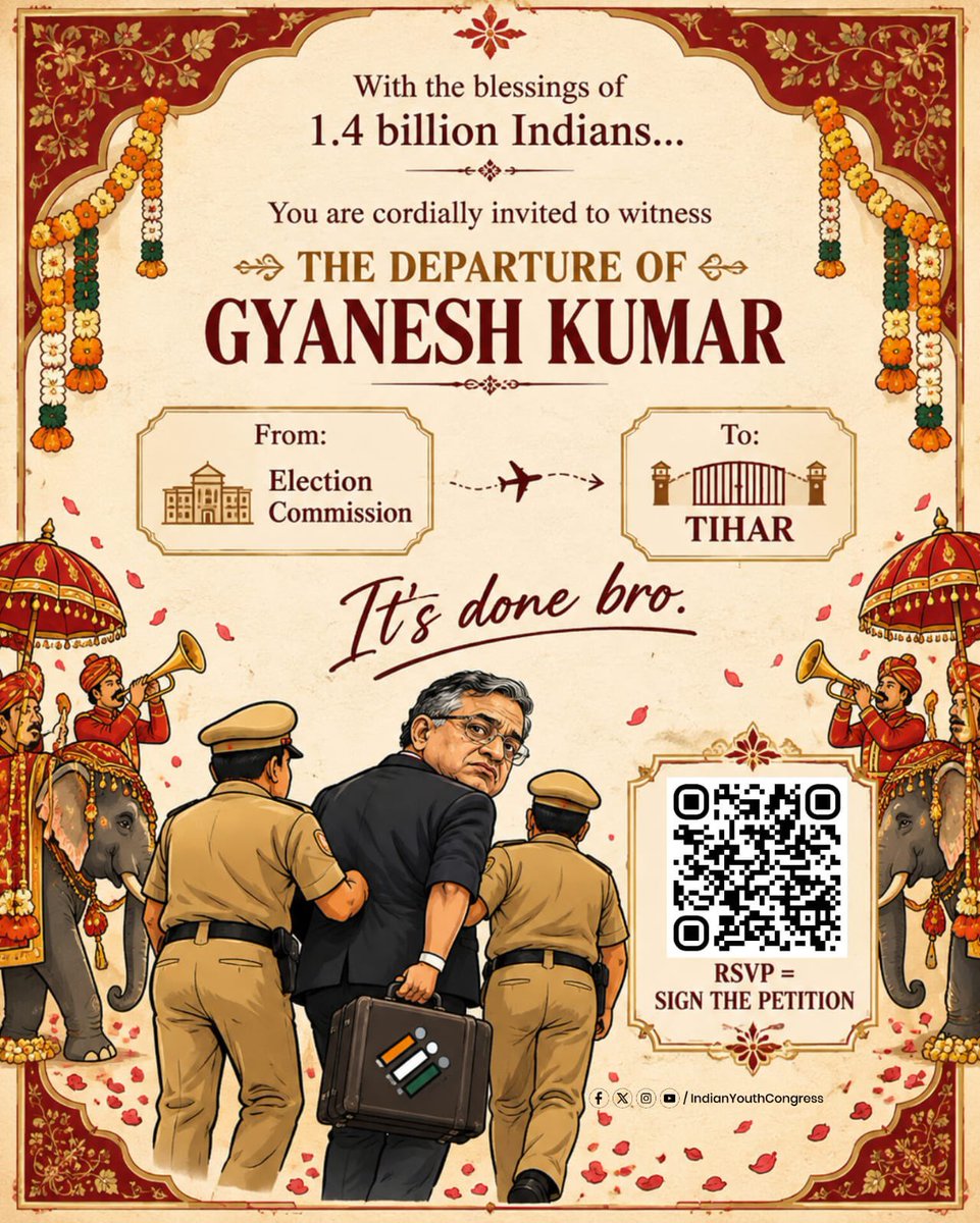 IYC's tweet photo. Shaadi ka card nahi hai, Gyanesh ki “vidai” ka invitation hai. 💀😭

From Election Commission → TIHAR.

Apna naam add karo. Certificate download karo. Share karo... DOSTON, PADOSIYON ko bhi karne bolo..

https://t.co/qTh9BLLKMN https://t.co/qTQYdfmwK1