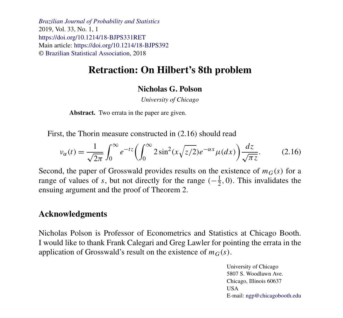 Jon_Hartley_'s tweet photo. A few years ago Polson claimed to have proven the Riemann Hypothesis and published an attempted proof to the Brazilian Journal of Probability and Statistics, after which a retraction was published https://t.co/GAEuabyzyw https://t.co/MjqjLsS6Hy