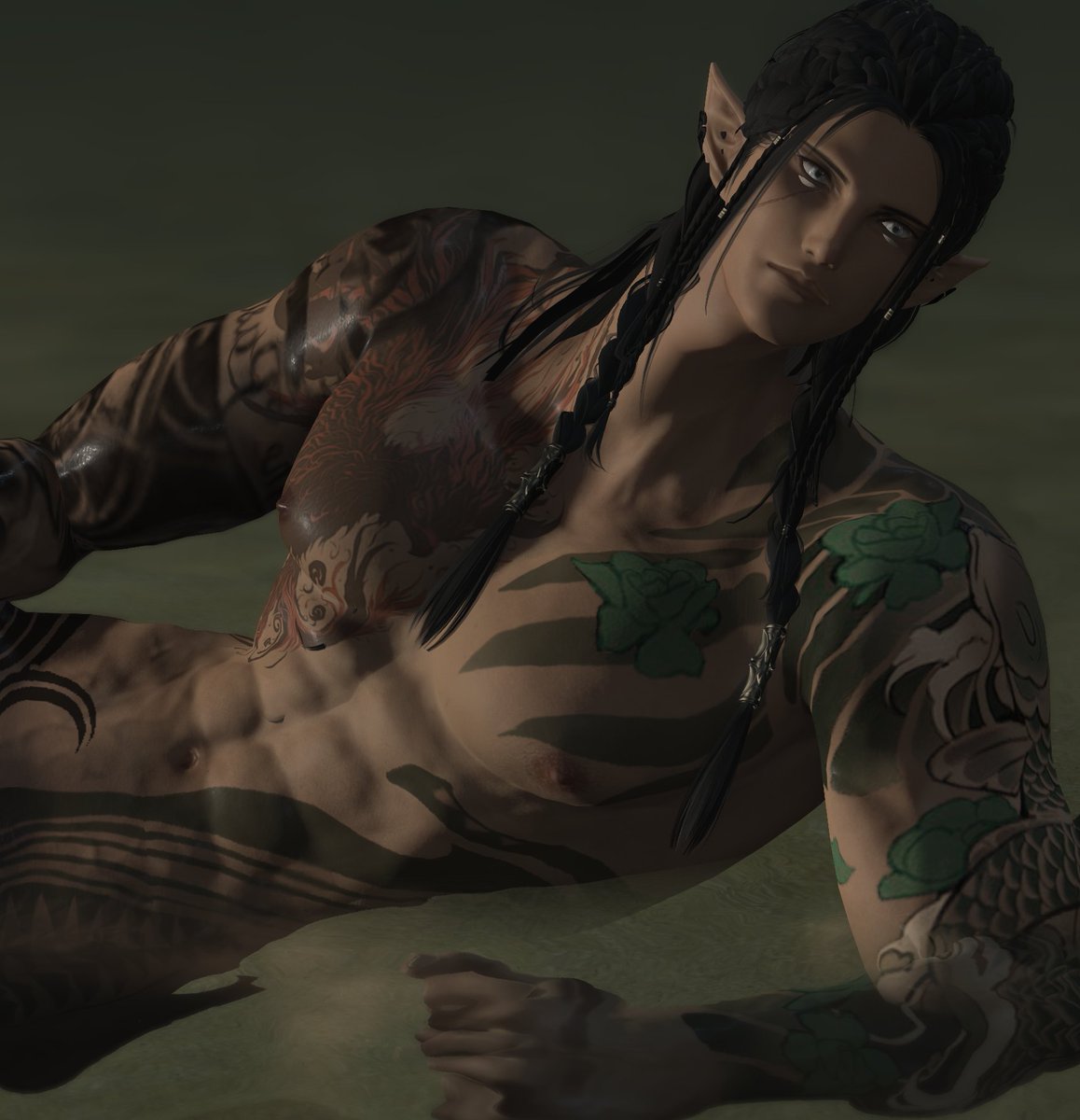 RyujinHamada's tweet photo. "Sorry I thought I was alone... I'll put clothes back on" #Elezen #gpose https://t.co/CaXA5gkKQq