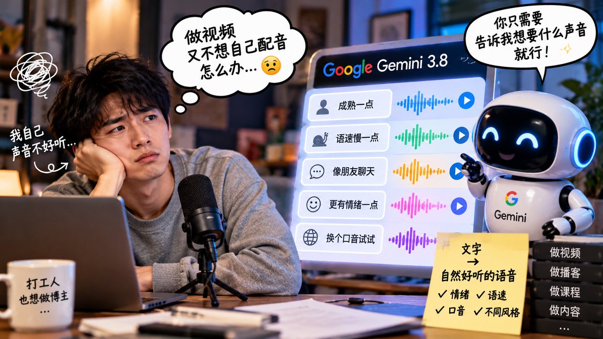 Wby4i's tweet photo. 我还在纠结自己声音不好听，Google已经开始解决这个问题了😂

Gemini新的语音模型，现在你可以直接告诉它：

“声音成熟一点，语速慢一点，像朋友聊天。”

它就能照着这个感觉去配。

甚至情绪、口音、语速都能调。

对我这种想做视频、又不太想自己配音的人来说……

AI是真的越来越会替人省事了。

Google官方介绍的新模型支持通过自然语言控制声音风格、语速、情绪和口音等，所以这里没有为了效果乱加功能。