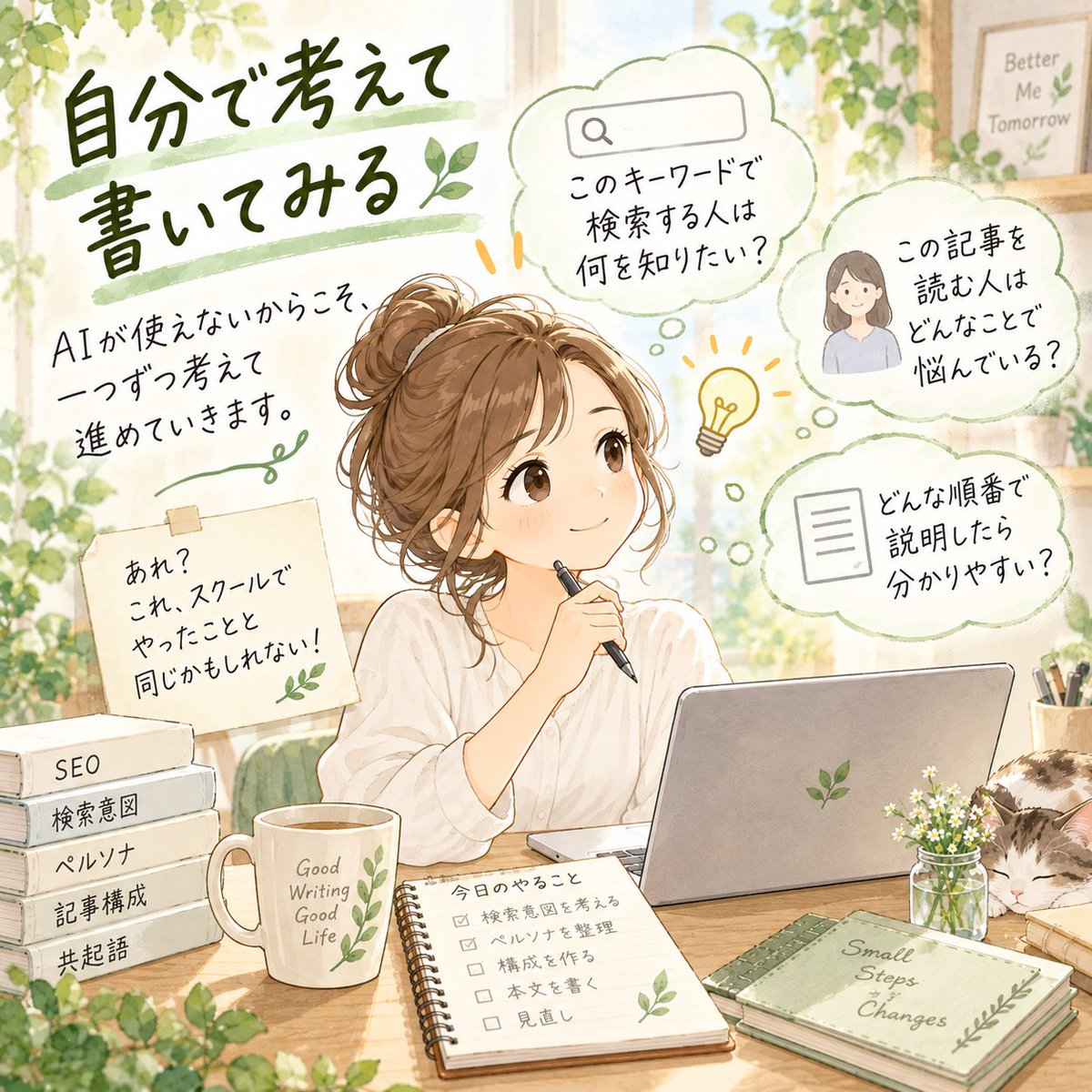 naoyoj8's tweet photo. AIが使えない今回は、自分で考えるしかありません。

「検索する人は何を知りたい？」
「どんな悩みを抱えている？」
「どんな順番なら読みやすい？」

一つずつ考えていきます。

そこで初めて、スクールで学んだことと実際の仕事がつながるのかもしれません。 https://t.co/Mo8FVZxPS9