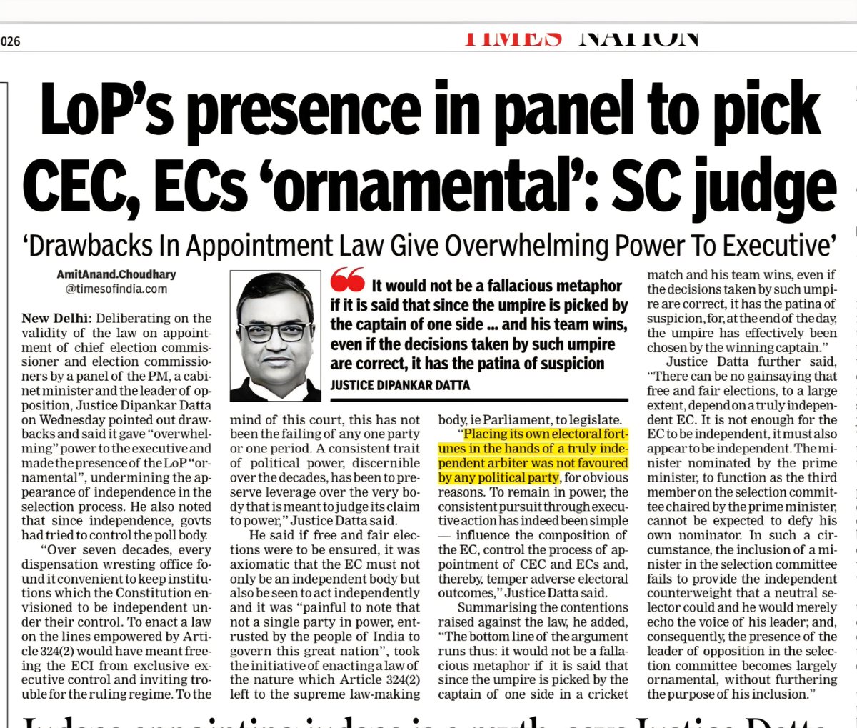 amitanandTOI's tweet photo. Justice Dipankar Datta points out flaws in law for appointment of CEC/ECs, indicates that govt can appoint its 'yes-man' in poll panel, LoP role becomes ornamental &amp; Commision independence stands compromised. Very impt observations in view of present controversy surrounding EC. https://t.co/HXKMuu1vpS