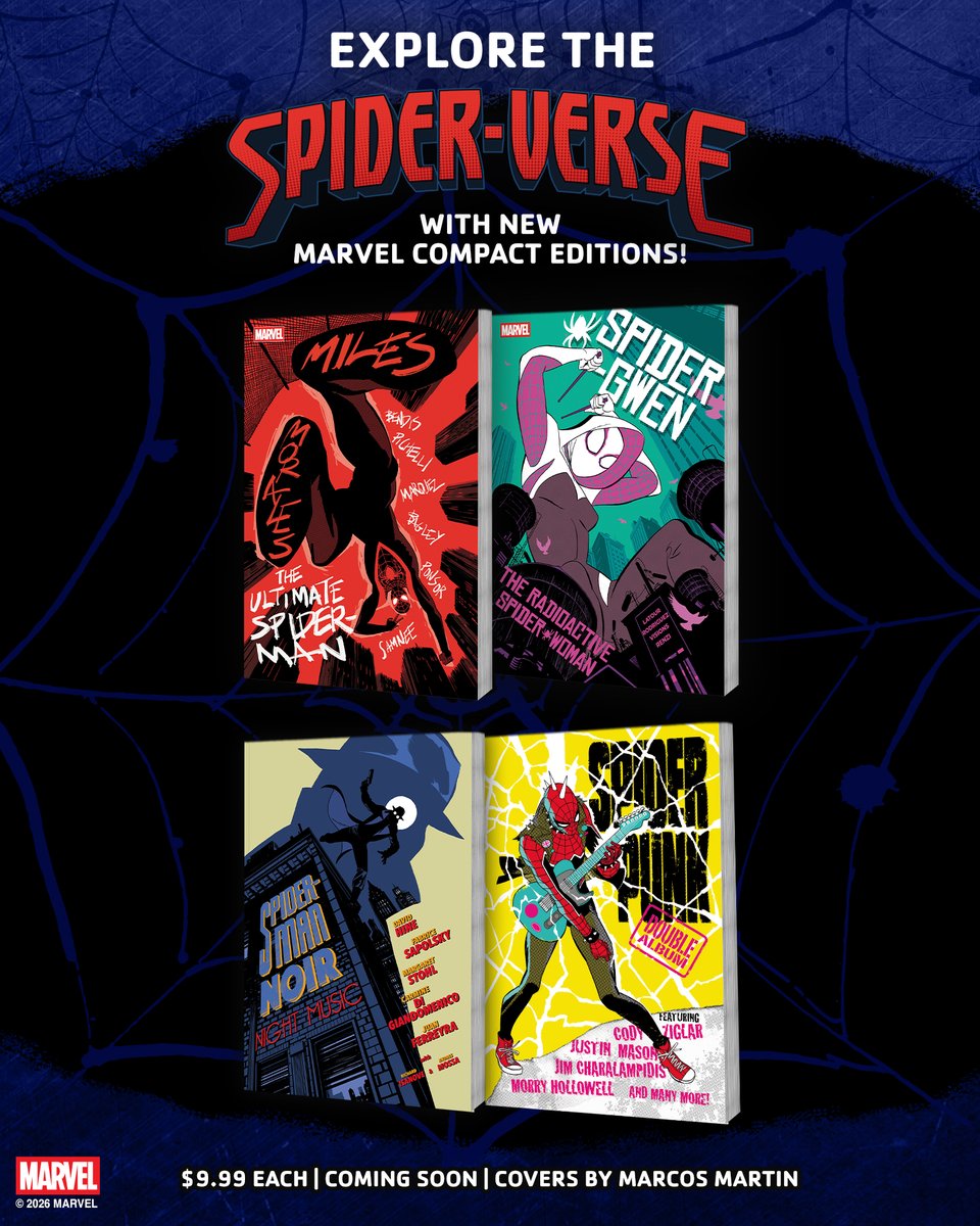 MarvelComicsHQ's tweet photo. Two more Spider-Verse icons arrive in the Marvel Compact Edition format next year!
Discover the origins of Spider-Man Noir and Spider-Punk in ultra-portable $9.99 volumes featuring stunning new cover artwork by Marcos Martin! 🧵⬇️ Available in May 2027. 

Plus, look for new compact editions featuring Miles Morales and Spider-Gwen in stores March 2027.
