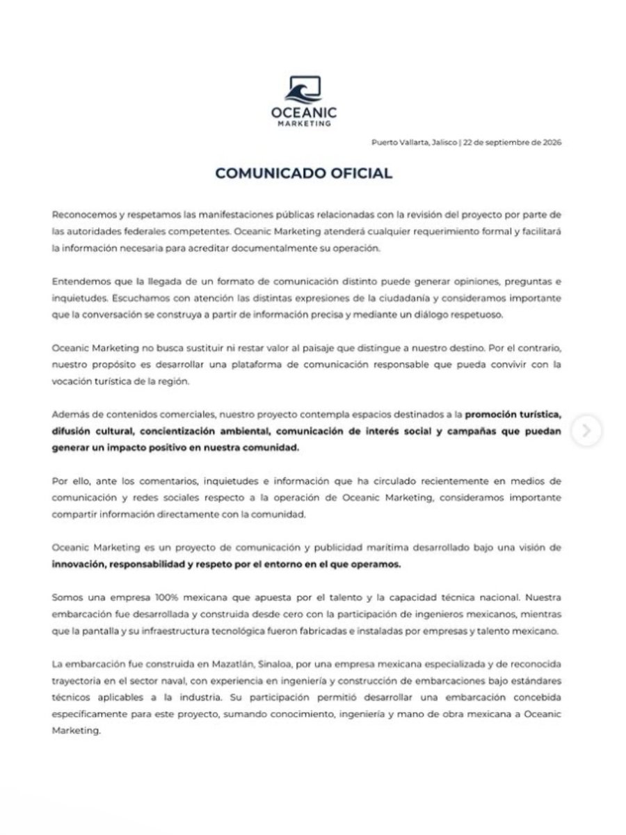LaCronicaDeHoy's tweet photo. ⛵ Oceanic Marketing se pronunció sobre la polémica por sus embarcaciones con pantallas LED que navegan en costas mexicanas y aseguró que atenderá cualquier requerimiento de los gobierno federal y local para que revisen el proyecto.

🌅 La empresa señaló que escucha las opiniones de la ciudadanía y sostuvo que su propuesta busca convivir con el paisaje y la actividad turística de la región. Aseguraron que también buscan utilizar su pantalla para promoción turística, difusión cultural, campañas ambientales y mensajes de interés social. 

#PuertoVallarta #OceanicMarketing #Cancún