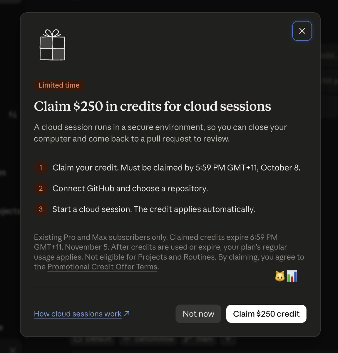 cattodata's tweet photo. [สาระเอไอ] Claude แจกเครดิต!!! ใครใช้ Claude Pro / Max ไปกดด่วน แจก Cloud Credit สูงสุด $250 ฟรี! 🐱☁️🔥

Anthropic เปิด Claude Code Cloud Sessions อย่างเป็นทางการแล้ว จากเดิมที่อยู่ใน Research Preview  
- จุดเด่นคือ เราสั่ง Claude Code ทำงานบน Cloud ของ Anthropic ได้ แล้ว ปิด Laptop ไปเลย งานก็ยังรันต่อ 
- ไม่ต้องเปิดเครื่องค้างไว้ทั้งคืน 

รอบนี้สมาชิกเดิมได้ Cloud Credit 🐱☁️🔥 (แบบครั้งเดียว) ด้วย
- Claude Pro → $100
- Claude Max → $250
เราใช้ Max กดไปละได้จริง 250$ ส่วนของ Pro ได้ 100$

เครดิตนี้แยกจาก Usage Limit ปกติ และใช้กับ Cloud Sessions เท่านั้น ถ้า Local usage ชน Limit ก็ยังใช้เครดิตก้อนนี้รันงานต่อบน Cloud ได้จนหมด

เริ่ม Cloud Session ได้จาก
- https://t.co/Rzrp2LOm1N
- Claude Mobile / Desktop
- หรือ CLI ใช้ claude --cloud

เหมาะกับงานที่ใช้เวลานาน เช่น แก้โค้ดหลายไฟล์, Refactor, รัน Test หรือทำงานกับ Repo ใหญ่ ๆ แล้วค่อยกลับมาดูผลทีหลัง

วิธี Claim ง่ายมาก:
👉 https://t.co/h0mT0I5dQW

หรือพิมพ์ /claim-credit ใน Claude Code CLI
ต้องเชื่อม GitHub ก่อนเริ่ม Cloud Session และ Claim ได้ถึง 7 ต.ค. 2026 โดย 1 Account รับได้ 1 ครั้ง

สรุปง่าย ๆ 🐱
- Claude Code ปกติ = งานผูกกับเครื่องเรา
- Cloud Session = โยนงานขึ้น Cloud แล้วปิดคอมได้ งานยังทำต่อ

ใครใช้ Pro / Max อยู่แล้ว กดเก็บเครดิตไว้ก่อนเลย 💸☁️

#สาระเอไอ #cattodata #ClaudeCode #AICoding #VibeCoding #claude