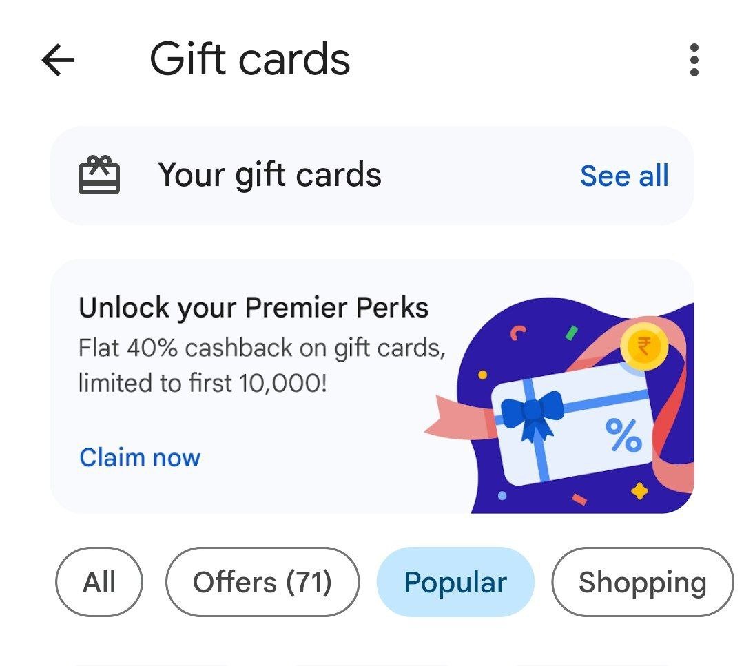 dealztrendz's tweet photo. GooglePay : Get 40% Cashback Upto ₹100 On Gift Card Purchase 

Open Gpay App > Gift Card Section > Check Offer Showing Or Not > Then Claim Offer

Now Buy any Gift Card (Min ₹250) From Gpay App &amp; Get ₹100 Cashback Via Scratch Card https://t.co/mpgSuyrRTw