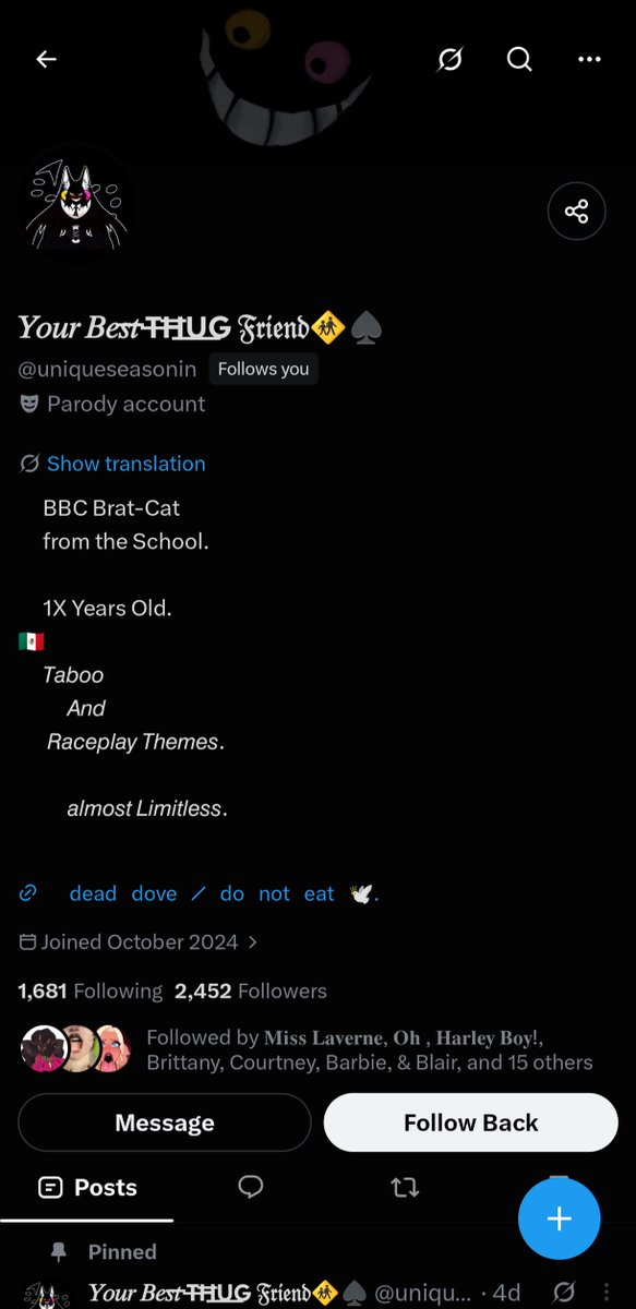 TheFemRider's tweet photo. Warning for those following this account,
You should probably unfollow them right away.

They changed muses recently and that's probably why there's so many people following them so I want to bring this to your attention. https://t.co/4BN7OqGcOu