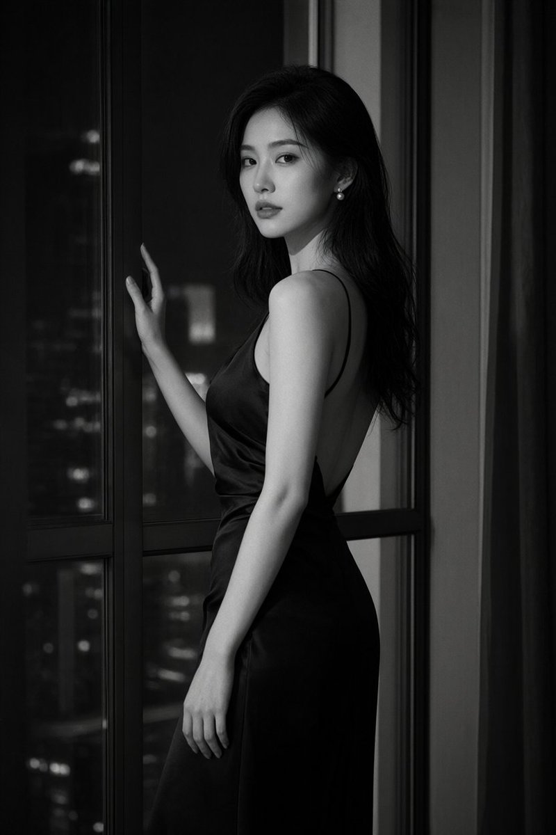 Black-and-white editorial window portrait generated locally with Qwen Image 2.1