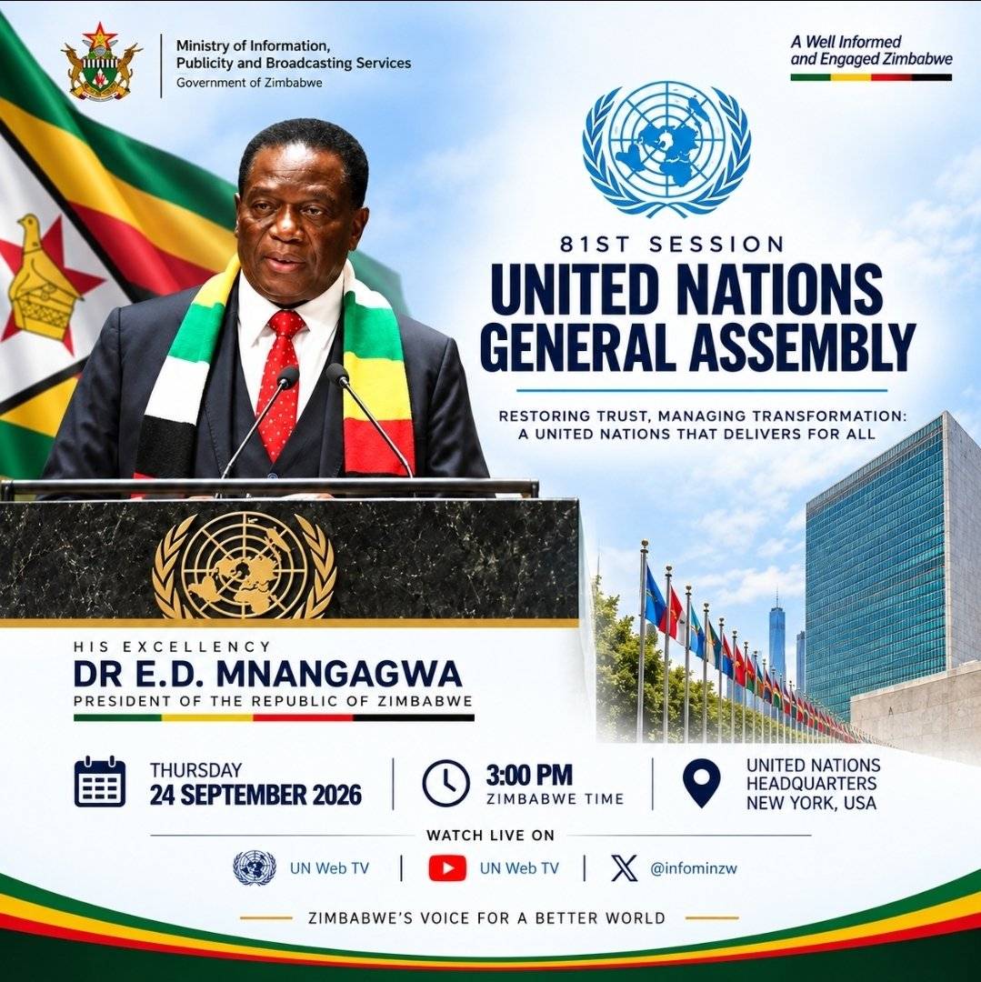TakuraZha's tweet photo. The world gathers. Zimbabwe takes the floor. 🇿🇼🌍 President Mnangagwa addresses #UNGA81 tomorrow at 3 PM Zimbabwe time. With peace, development and international cooperation on the agenda, Zimbabwe joins the global conversation on the future of the United Nations. 

#ZimAtUNGA81 https://t.co/yU8iXCbN09