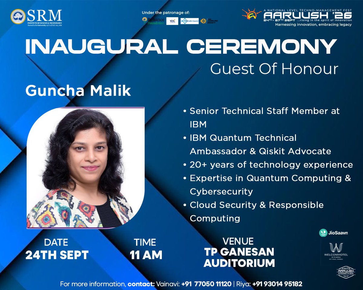 aaruushsrmist's tweet photo. The twentieth edition begins with a celebration of vision and legacy. ✨
Delighted to welcome Ms Guncha Malik, Guest of Honour for the Inaugural Ceremony of Aaruush ’26.
#GuestOfHonour #InauguralCeremony #seeyouattheevent #Aaruush #SRMIST https://t.co/6ul9bj5NjQ