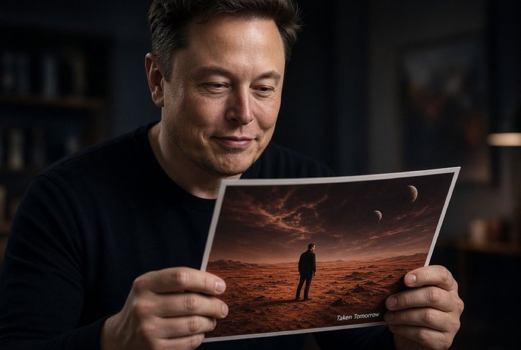 Xpioneer___'s tweet photo. 📸👀 Elon Musk receives a photograph taken tomorrow.

The strange part? He’s standing in it. 🌍

But nobody knows where the photo was taken.

🅰️ 🚀 On Mars
🅱️ 🌊 Under the ocean
🅲️ 🏜️ In an unknown desert
🅳️ 🏙️ In a future city

Where do you think he is? One letter only. 👇🔥 https://t.co/R0SqcBe9x0