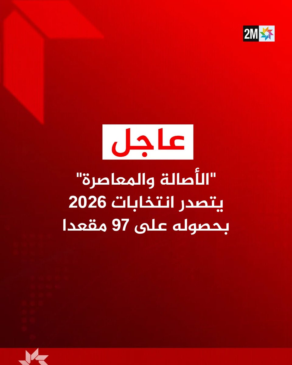 2MInteractive's tweet photo. 🔴 "الأصالة والمعاصرة" يتصدر انتخابات 2026 بحصوله على 97 مقعدا.

(وزارة الداخلية)

#المغرب_ينتخب
#انتخابات_2026 https://t.co/jCHNVyTAQB