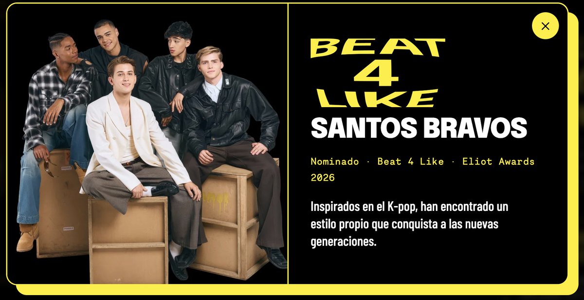 StbvBase's tweet photo. SANTOS BRAVOS has been nominated for the Eliot Awards 2026 in the Beat 4 Like category. This category recognizes creators who successfully ventured into music and took their talent from social media to the big stages.

"Inspired by K-pop, they have found their own style that is winning over new generations."

While you can't vote for these awards, comment that you would like to see SANTOS BRAVOS win
TikTok: https://t.co/lVxMCLBKhc
Instagram: https://t.co/t6tjgJcwxi

The Eliot Awards gala where the winners will be announced will be October 22.

#SANTOSBRAVOS