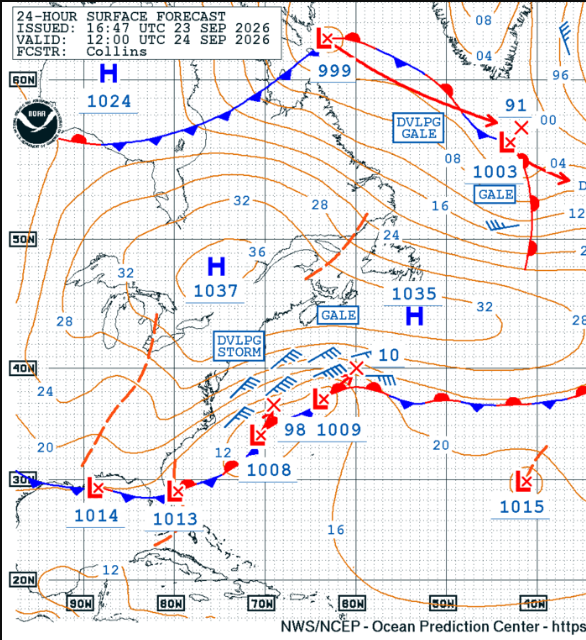 PickhardtFred's tweet photo. Complex low pressure developing off the US East Coast combined with a strong area of high pressure building from eastern Canada to south of Newfoundland will producegale to storm force winds north and west of the low producing significant wave heights 5-7.5 m next 24-48 hours. https://t.co/3CWCqJG5Nn
