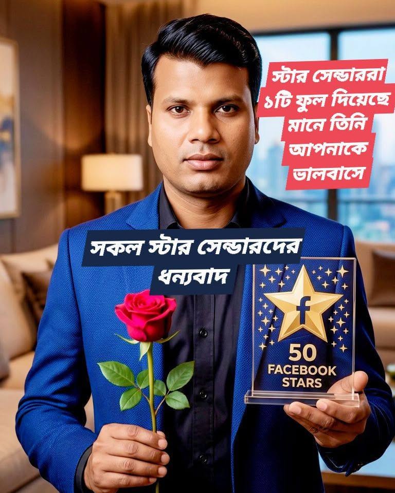 MathildaCajlo's tweet photo. Photo by Raju Ahmed in Dhaka, Bangladesh. May be an image of one or more people, people standing, poster, magazine and text that says "স্টার সেন্ডাররা ১টি ফুল দিয়েছে মানে তিনি আপনাকে ভালোবাসে সকল স্টার সেন্ডারদের ধন্যবাদ f 50 FACEBOOK STARS". https://t.co/wRWCNIc8IY