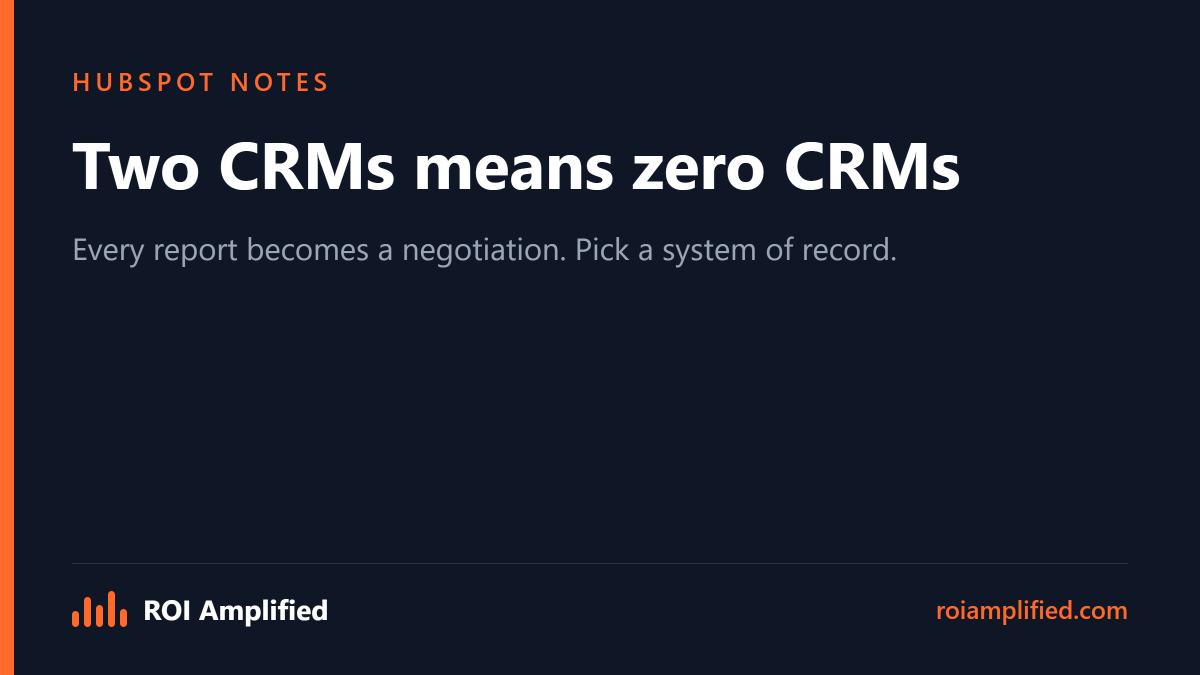 ROIAmplifiedCEO's tweet photo. Two CRMs means zero CRMs. If sales lives in one system and marketing in another, every report is a negotiation. Pick a system of record. We pick HubSpot, but pick one. https://t.co/jGZdNYAkQ7