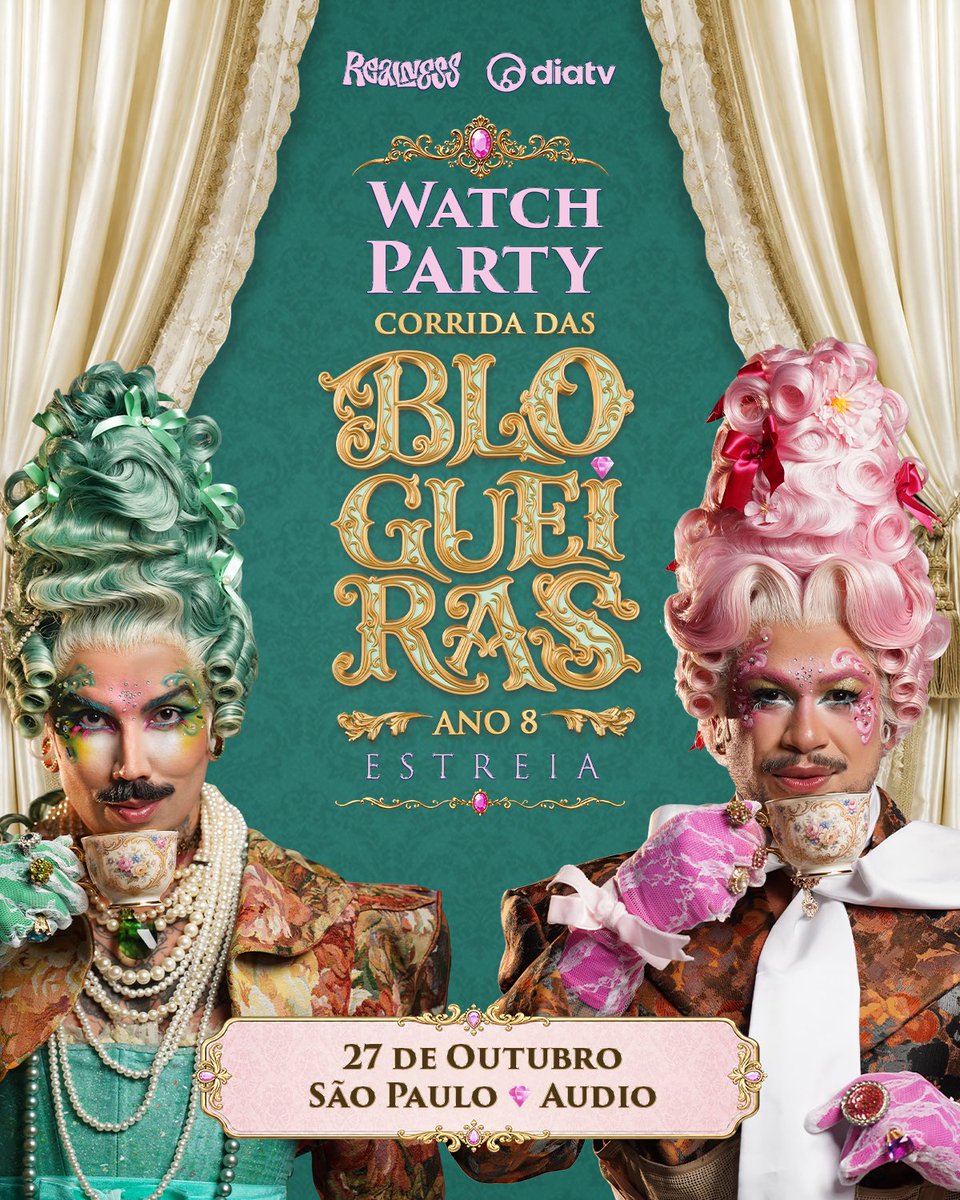 DivaDepressao's tweet photo. Vossas Majestades Fih e Edu vêm a público anunciar que, enfim, chega a data do baile mais aguardado de todo o reino. 🎺
Corrida das Blogueiras 8 terá sua grandiosa estreia no dia 27 de outubro!

Nesta temporada, digna de grande celebração, teremos uma watch party em São Paulo para acompanharmos juntos o início da procura por mais um reinado memorável.