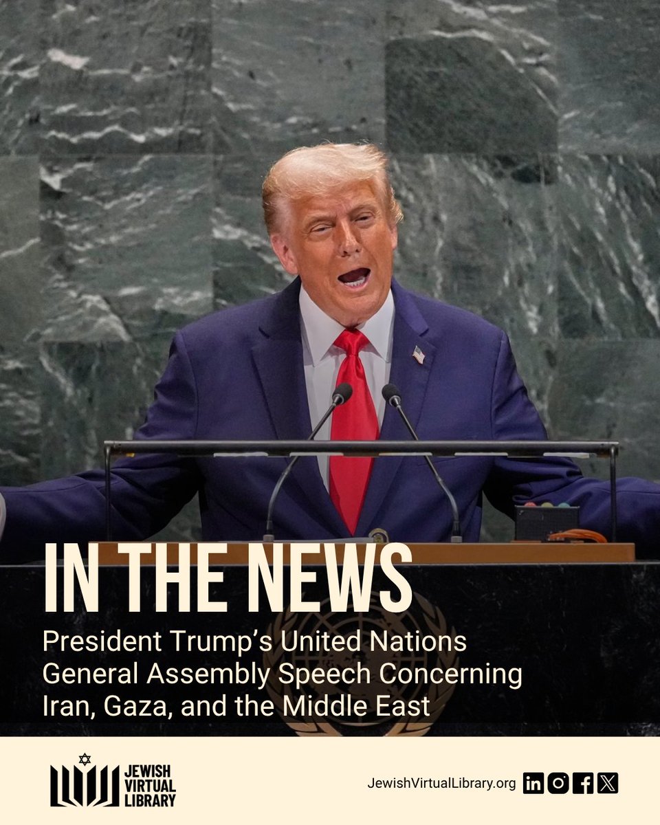 JewishVLibrary's tweet photo. In his UN address, @POTUS discussed Iran’s nuclear program, the war and shipping through the Strait of Hormuz, the October 7 attack, and Gaza’s future. 

Read the excerpts:
https://t.co/beKYbqGwYB https://t.co/WEBh8GtGXq