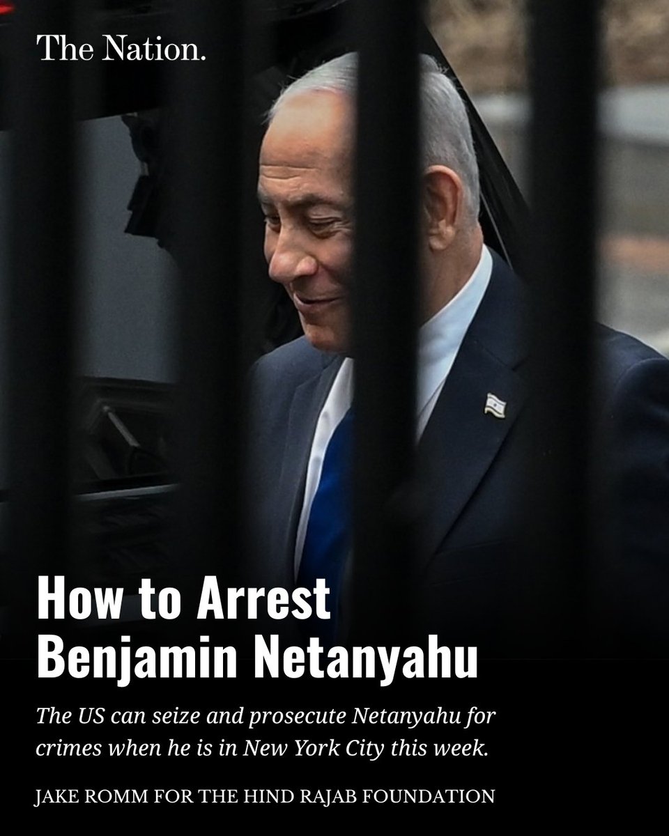 thenation's tweet photo. The U.S. does, in fact, have the authority to arrest Benjamin Netanyahu. Read @jake_romm on how: https://t.co/a0TfHwEqbs https://t.co/mPxx4NiLNu