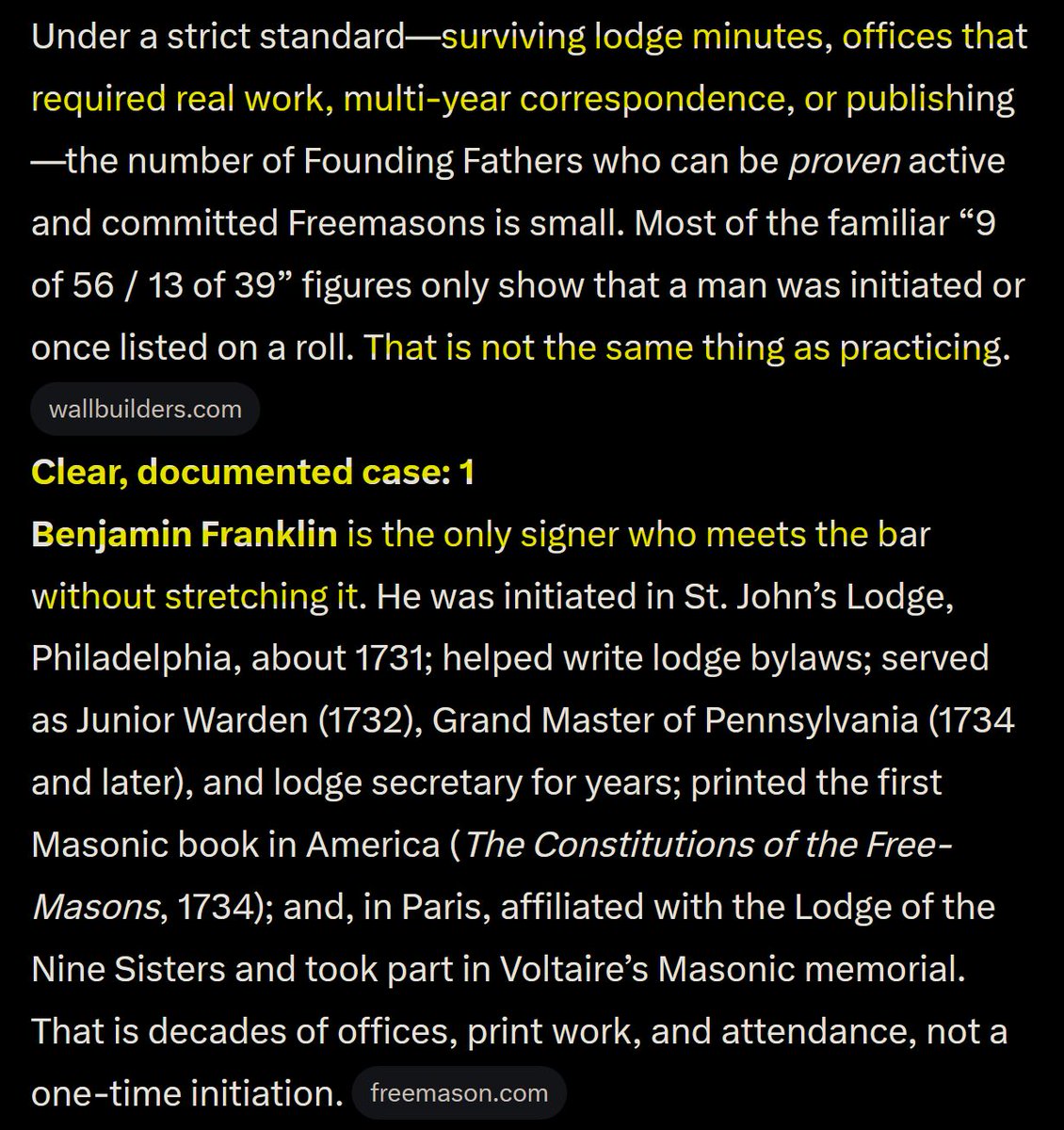 GasMaskNat's tweet photo. I just asked Grok to give me a count of Founding Fathers that can be proven to be active and committed Freemasons with letters, documentation, and archives.

Only one.

OH... maybe trusting sensational (((history channel))) slop about our Ancestors makes you a useful idiot for the them.