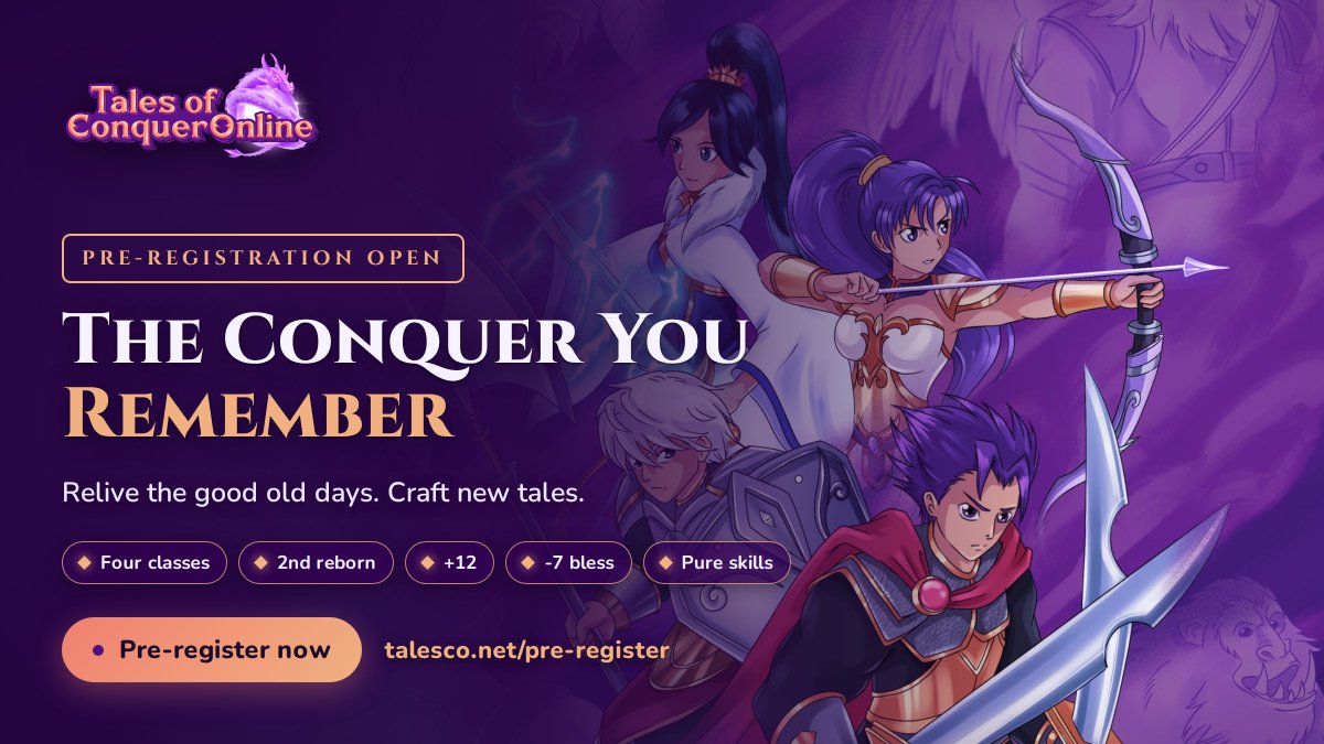 xir0dev's tweet photo. ⚔️ Remember Conquer Online? The classic era is coming back, and you can be there on day one.

Tales of Conquer is a classic Conquer Online server: Trojan, Warrior, Taoist and Archer, second reborn and the classic ruleset.

🕰️ Relive the good old days: the classes, the rules and the feel stay as you remember them, and the quests you loved are back.

📜 Craft new tales: a server written from scratch for modern play, Discord woven into the game, and storylines written for TalesCO alone.

Pre-registration is open.

#ConquerOnline #TalesCO #MMORPG