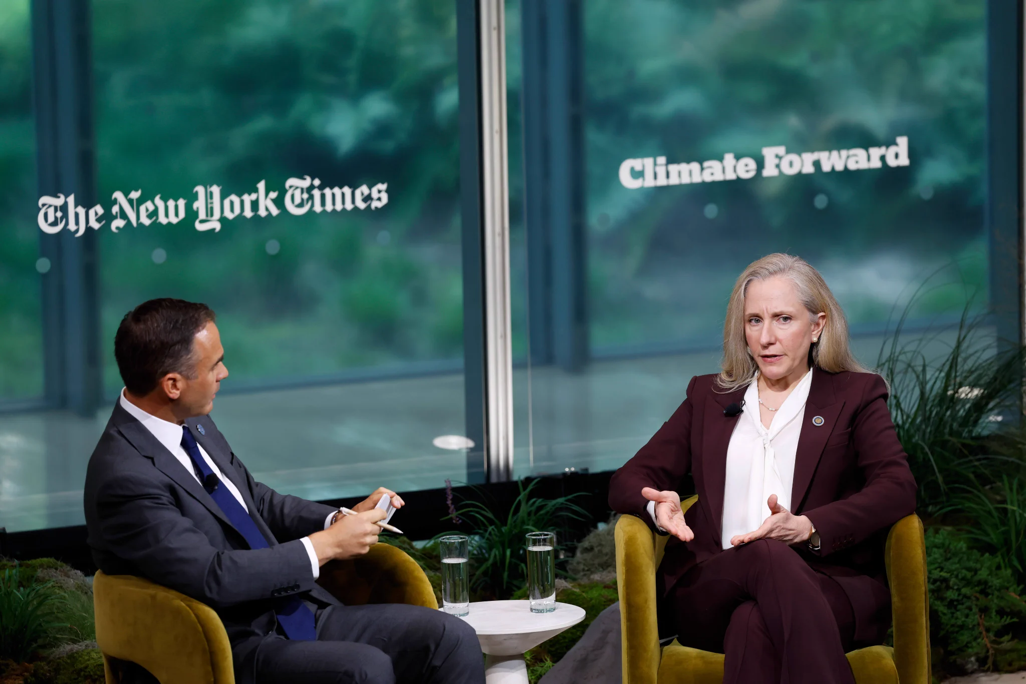 David Gelles, a New York Times reporter, and Gov. Abigail Spanberger of Virginia speak onstage at the Climate Forward event in New York. (Photo by Demetrius Freeman for The New York Times)