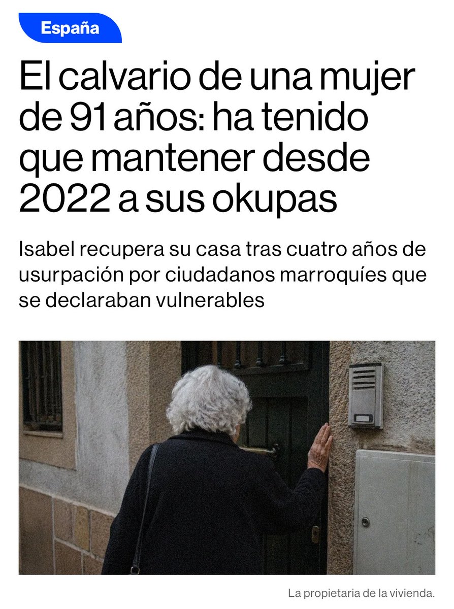 EmilioMontilla_'s tweet photo. Estas son Isabel, Juana, Josefina y Rosa.

Al contrario que con Maricarmen, estas ancianas no abren telediarios, no paralizan al país y no se convocan manifestaciones por ellas. 

Todas están en situaciones vulnerables y todas han visto sus casas okupadas.

Pero sus casos no interesan porque evidencian el nulo respeto a la propiedad privada que existe en España promovido por el gobierno de Pedro Sánchez y la desprotección total que hay frente a quienes incumplen las leyes. 

Mientras Maricarmen pudo beneficiarse durante 70 años de un alquiler privilegiado y cuenta con alternativas que le han ofrecido el Ayuntamiento de Madrid y la CAM, estas señoras se ven sin sus casas y totalmente desprotegidas. 

La izquierda española es repugnante.