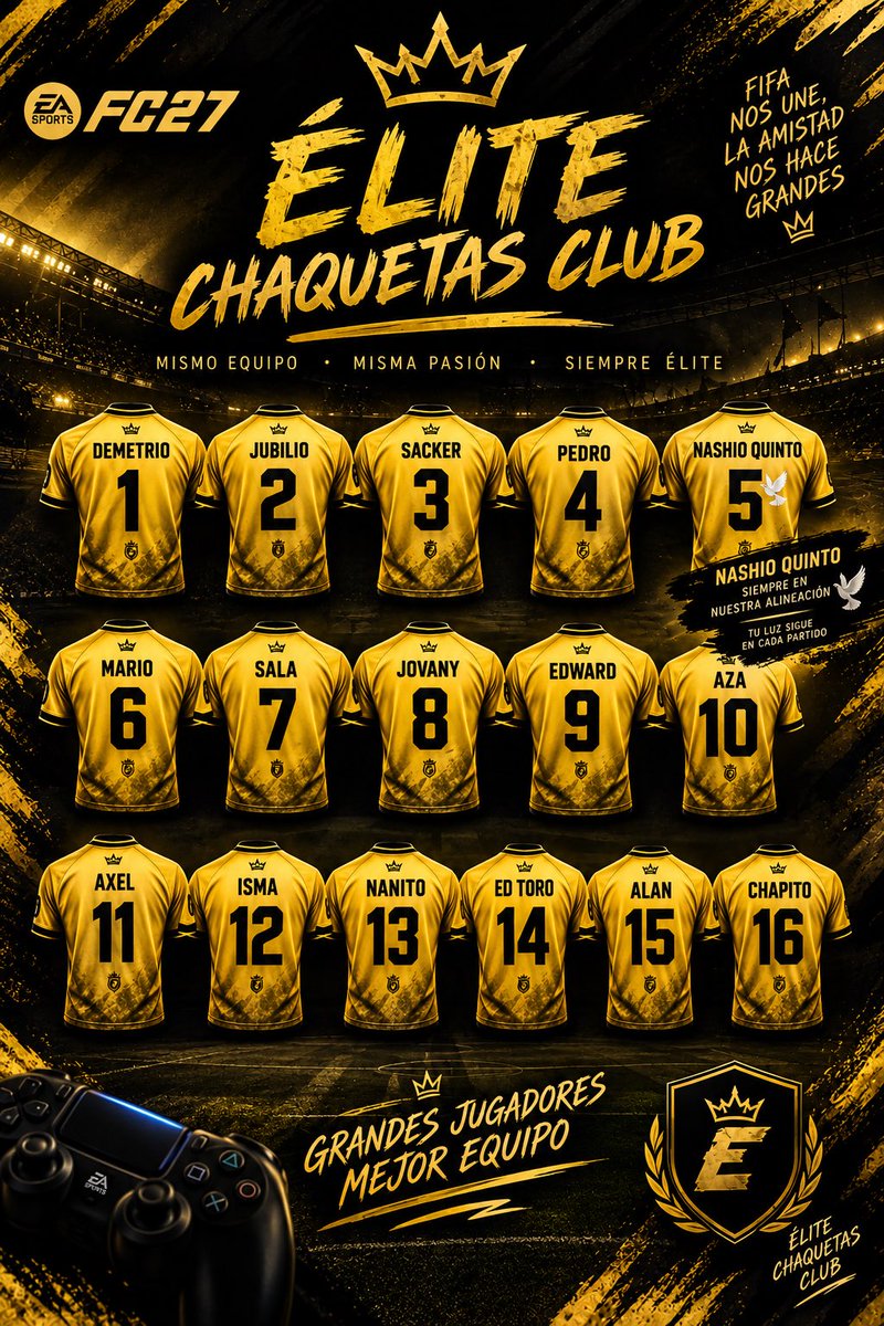 ChaquetasClub's tweet photo. Estos son Jugadores y números que van a representar al primer equipo, si… 
Al equipo Élite en todas las competiciones posibles. 🔥 

BIENVENIDOS A SU CLUB, A SU CASA 🏡 CHAQUETAS. 

#FC27 #FIFA #PARATI #ELITE #EASPORTS #CHAQUETASCLUB  #XBOX #PS5 #PC https://t.co/aGiN6YE4bJ